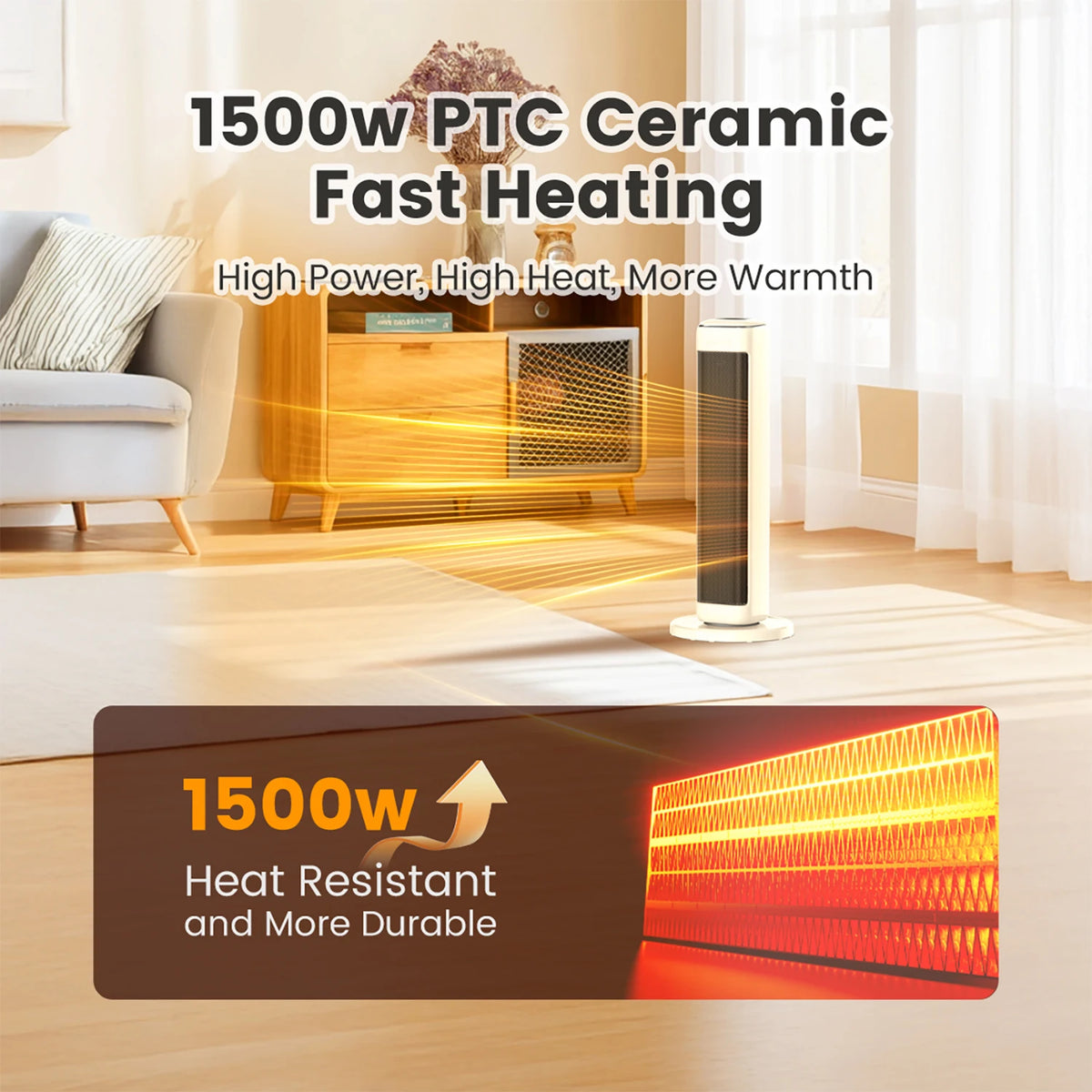 AIRMATE 25in ceramic tower space heater with thermostat, white with dark front panel in a living room