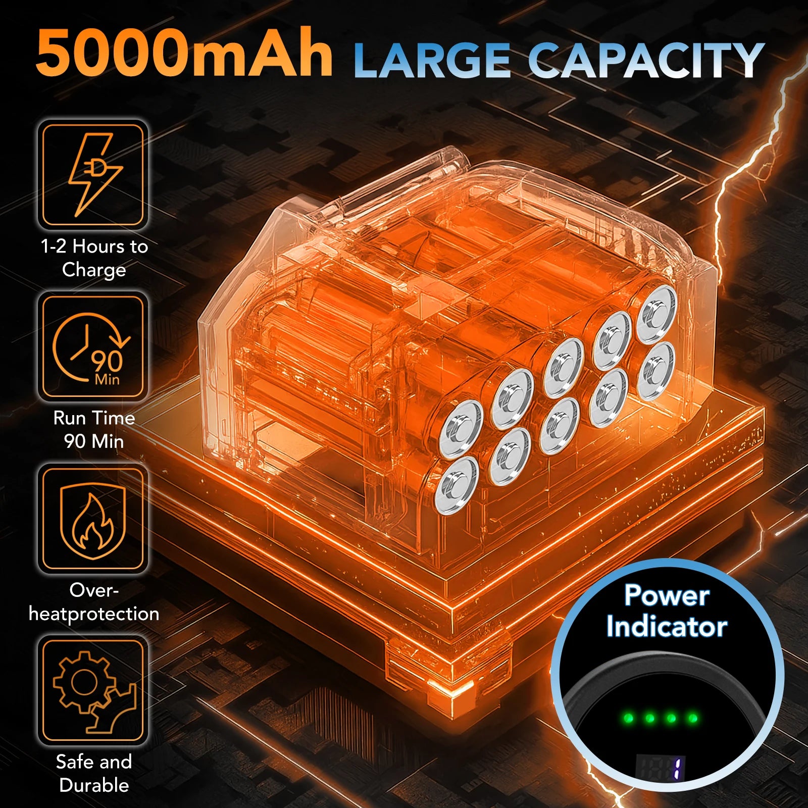 Portable cordless pressure washer battery pack with orange translucent casing and 5000mAh capacity, charge/run-time icons.