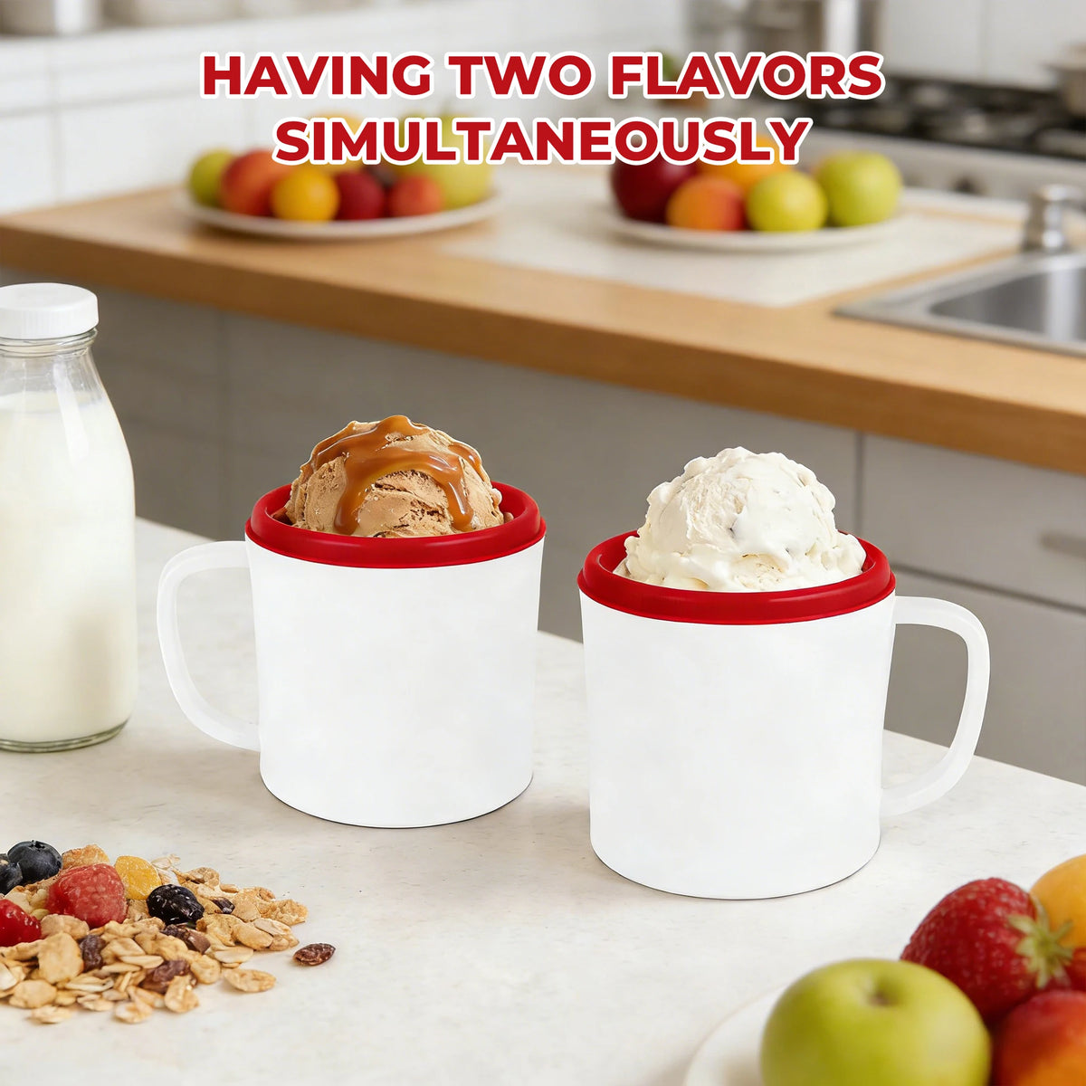 Sumetas Ice Cream Maker & Popsicle Maker dual-cup design with two white cups and red rims, scoops of ice cream