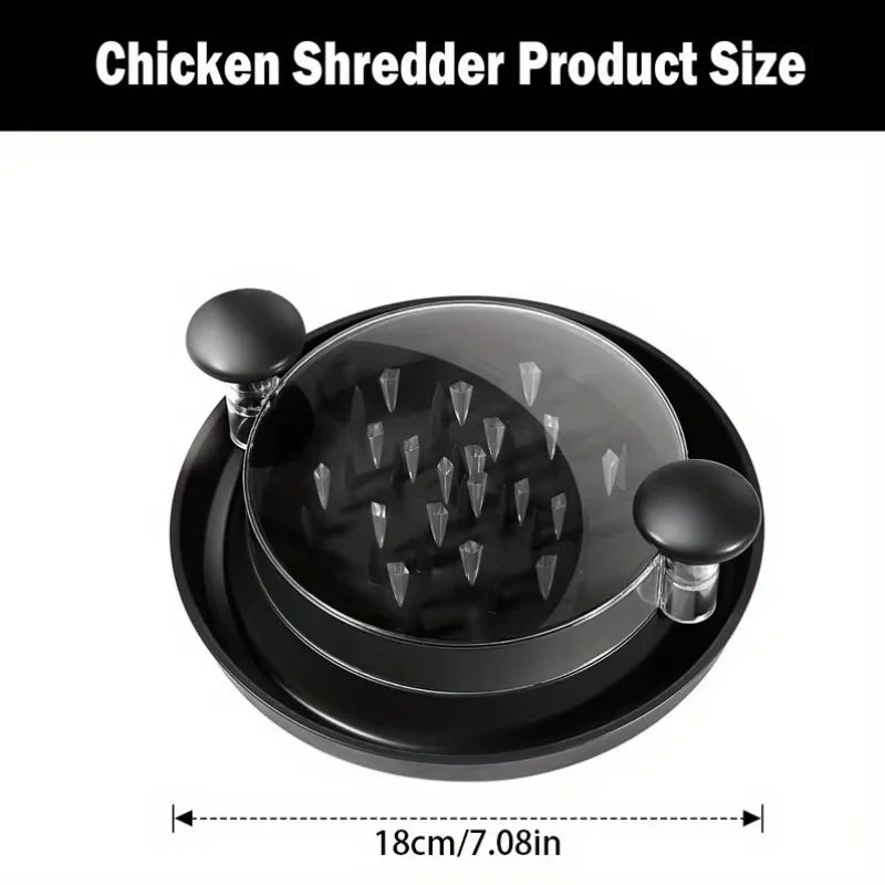 Chicken shredder device, black round base with dual handles, 18 cm diameter.