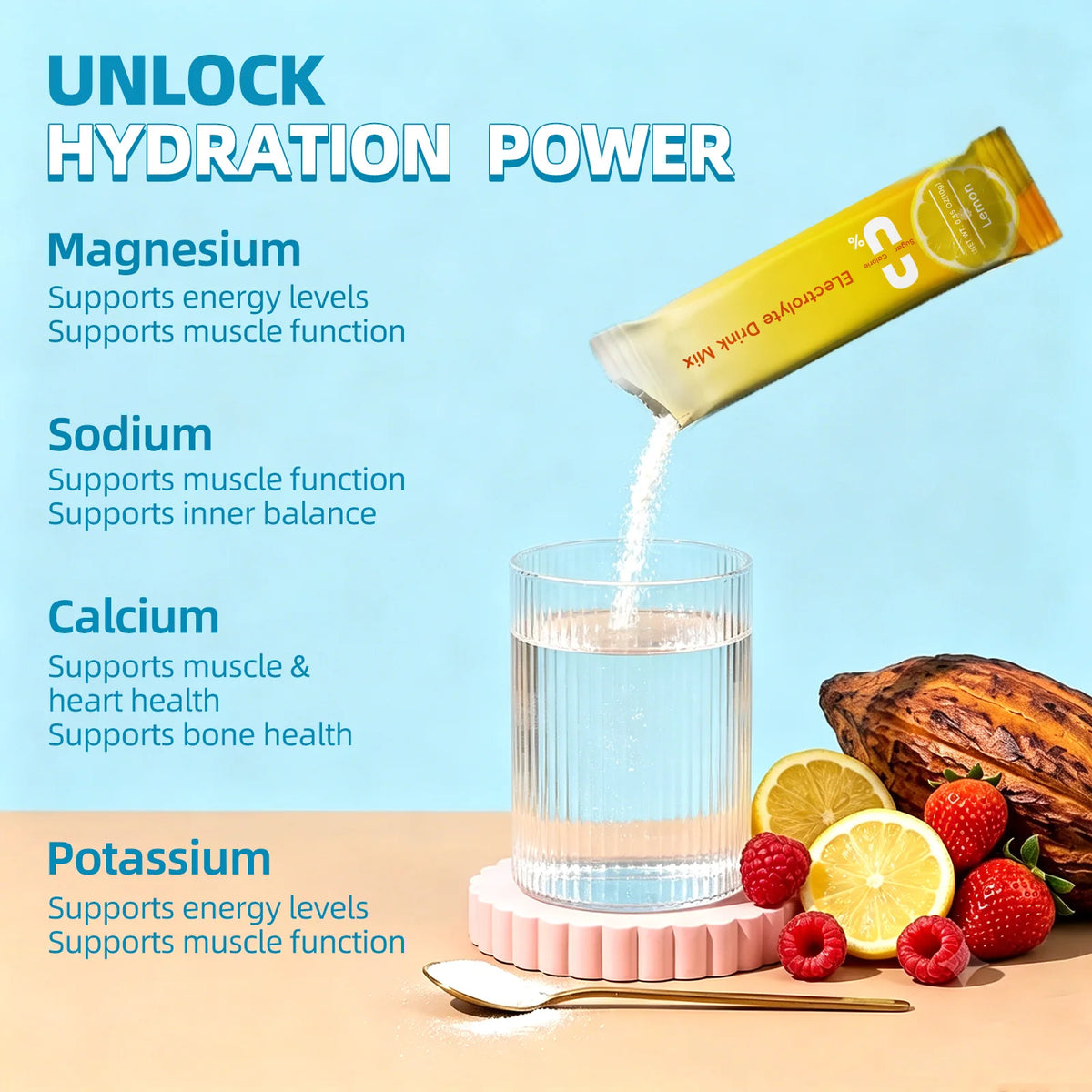 BBEEAAUU electrolyte supplement sachet pouring powder into a glass with lemon; 0 sugar, 4 flavors, rapid hydration