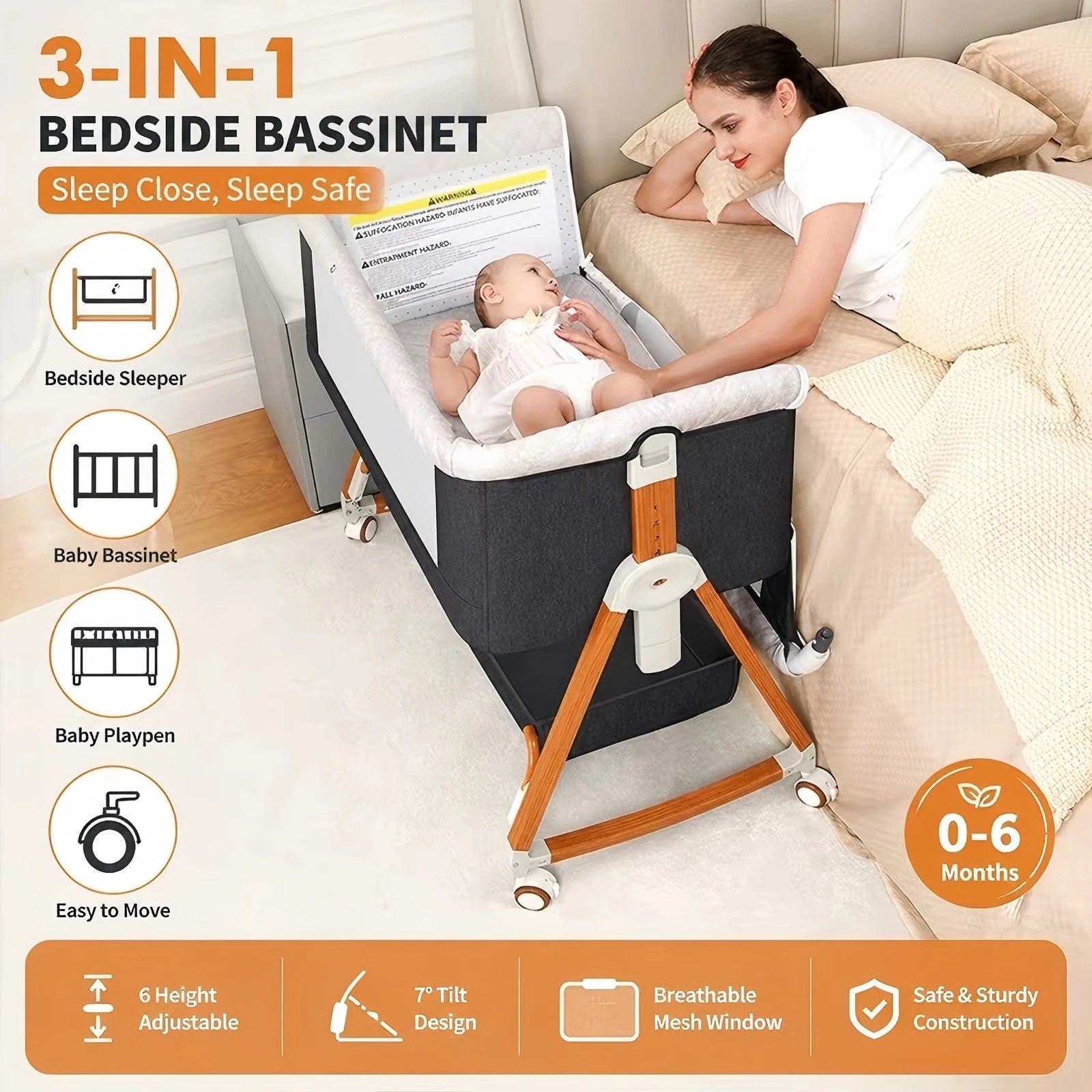 Portable Baby Bassinet 3-In-1 Foldable Crib With Rocking by S And B Enterprise