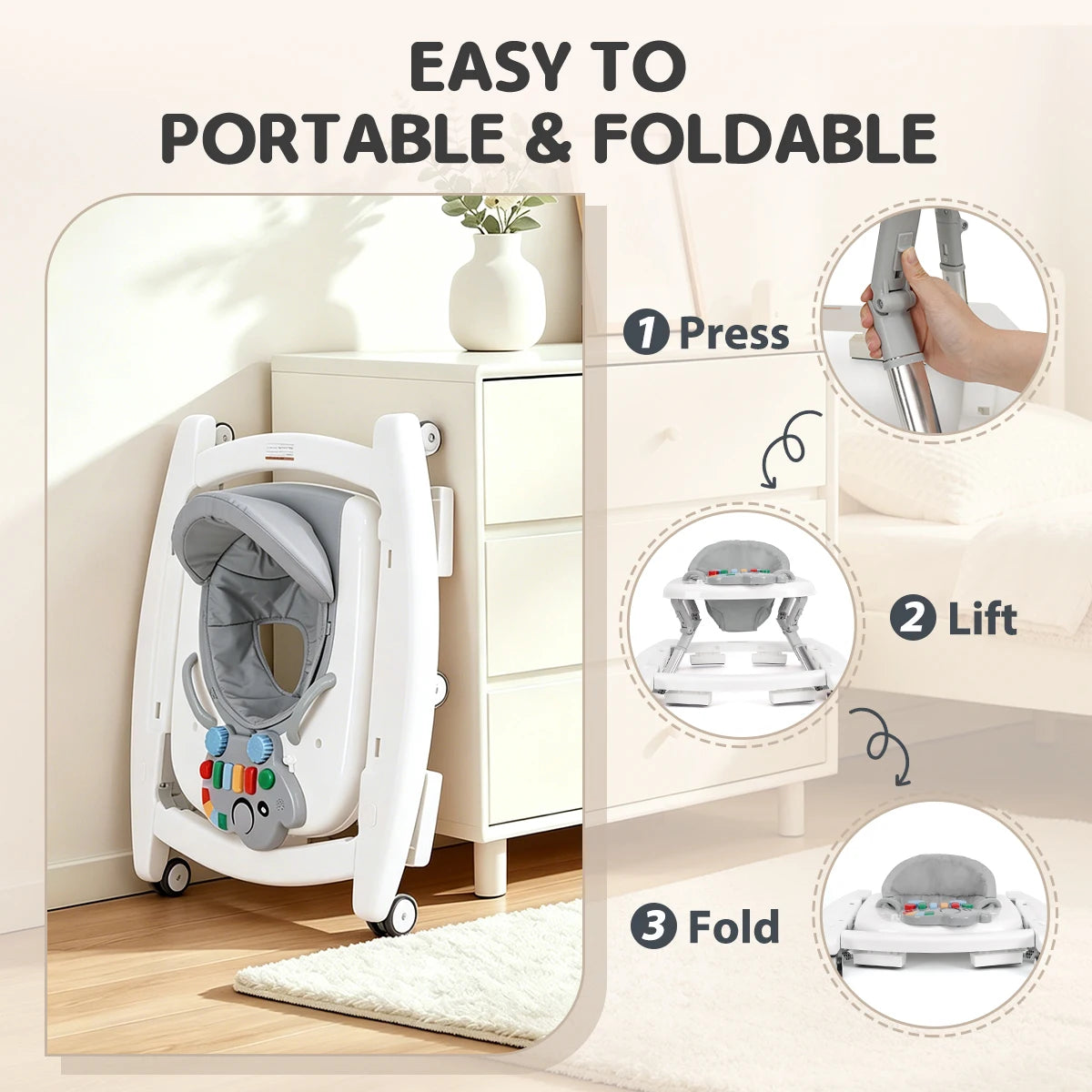 5-in-1 baby walker with foldable, portable design, white/gray adjustable activity center for babies.