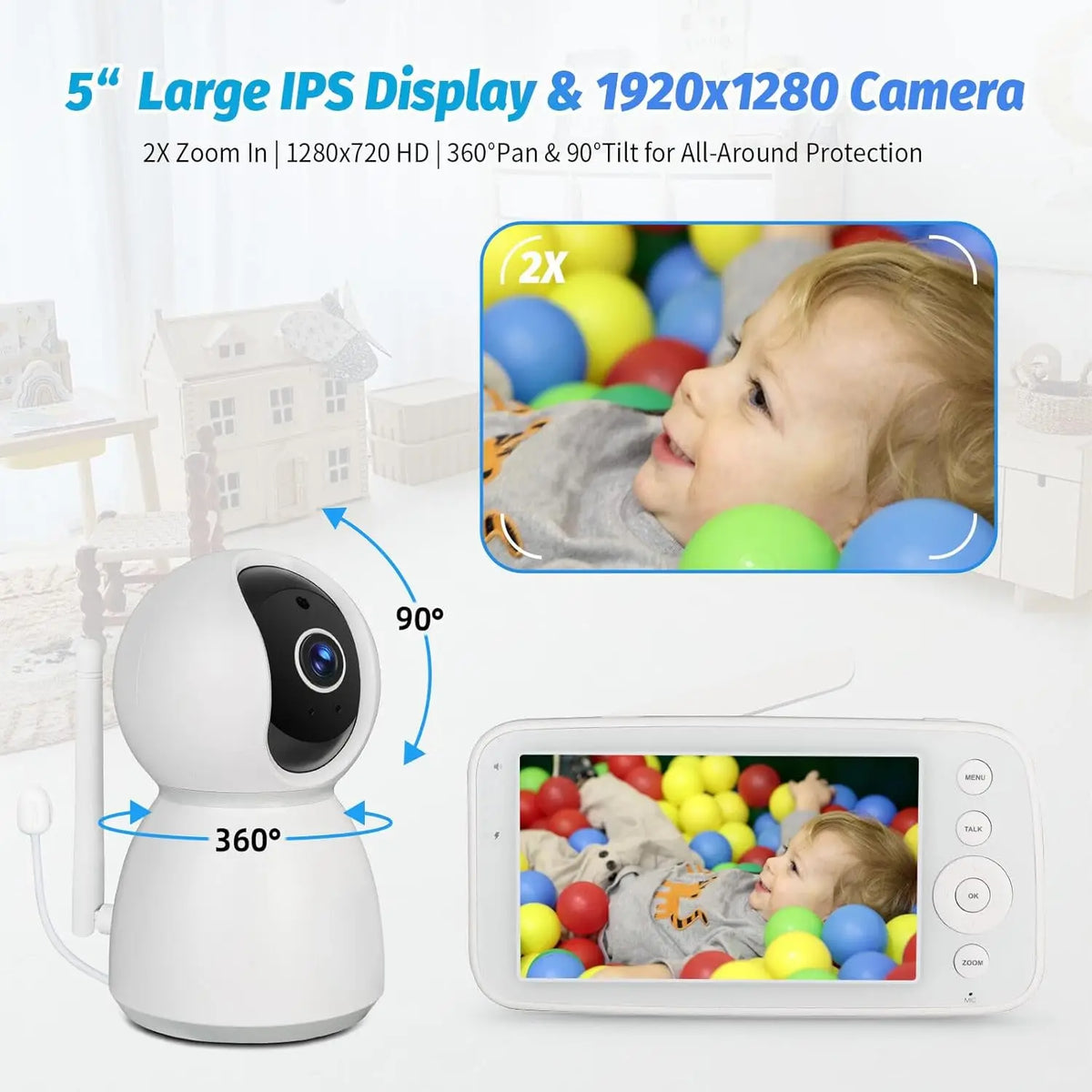 BM505 Baby Monitor Camera with Audio 5-Inch Screen 28 Hours Battery Life Night Vision 2-Way Talk Lullabies Nanny Security Cam
