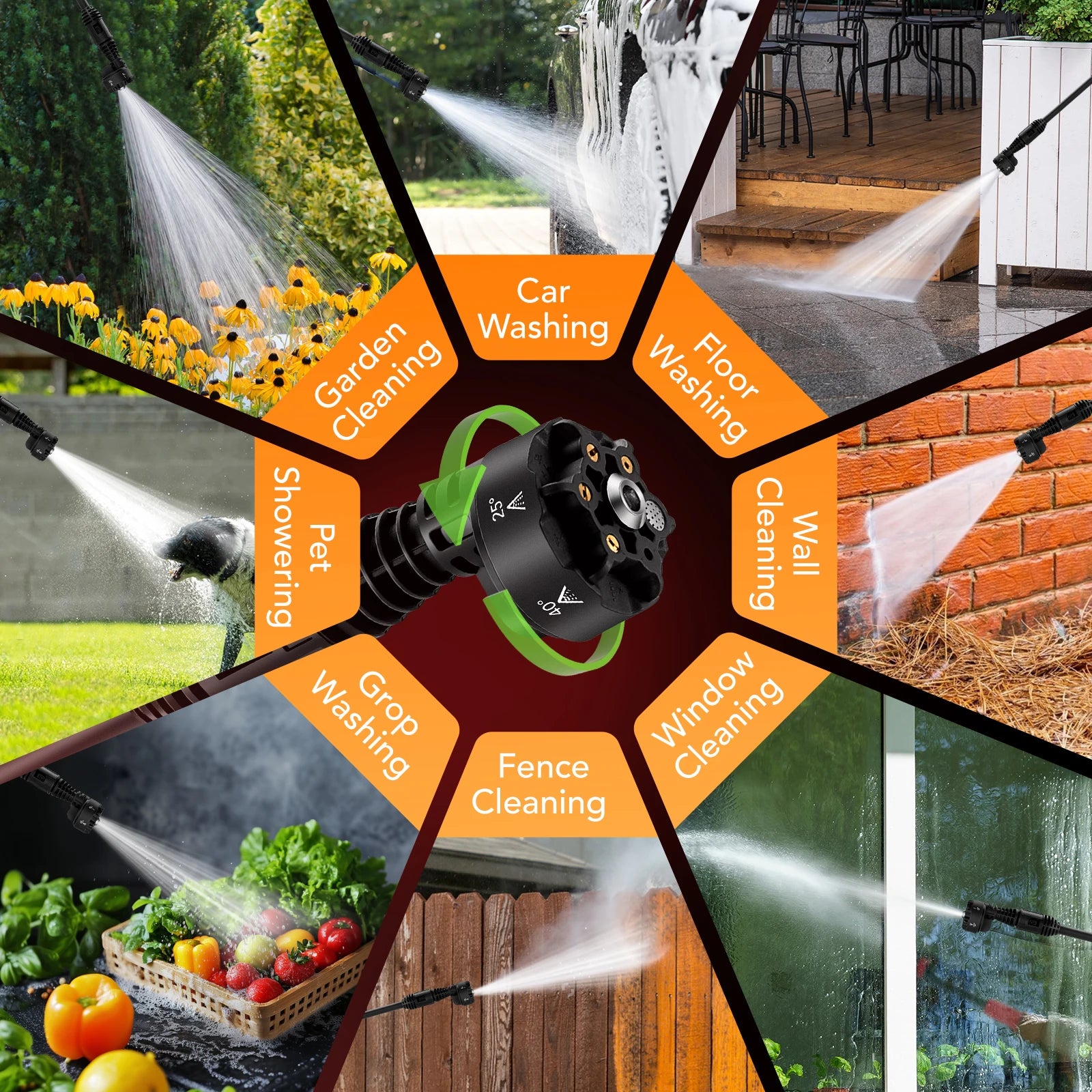 Portable cordless pressure washer 1060PSI 2.8GPM with brushless motor, 6-in-1 nozzle, black body and green handle