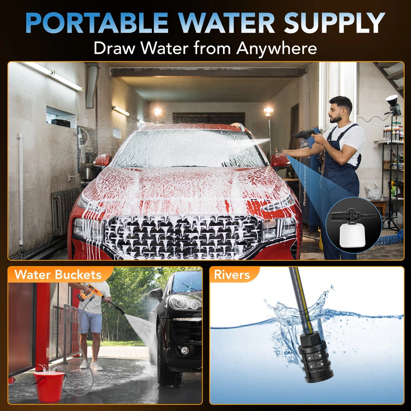 Portable cordless pressure washer by S And B Enterprise, 1060 PSI, 2.8 GPM, cleaning a red SUV