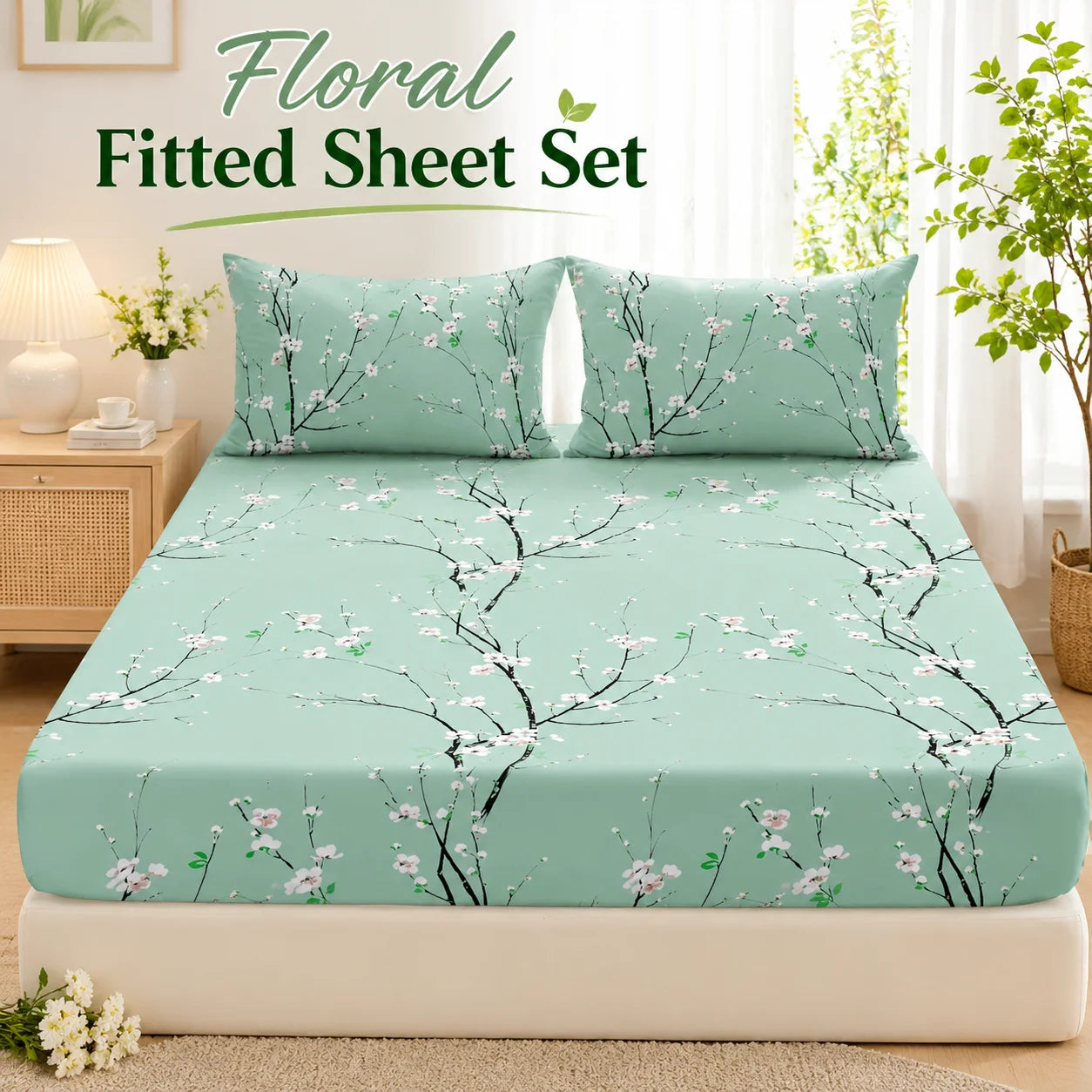 Floral Printed Fitted Sheet Set With 2 Pillowcases Deep Pocket by S And B Enterprise