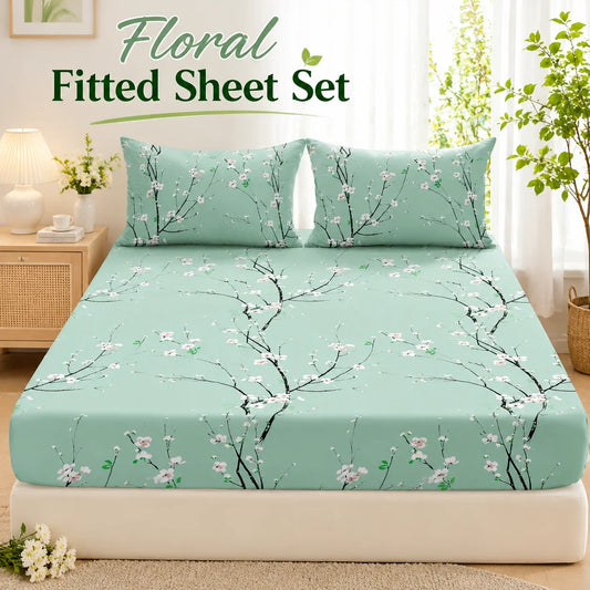 Floral Printed Fitted Sheet Set With 2 Pillowcases Deep Pocket by S And B Enterprise
