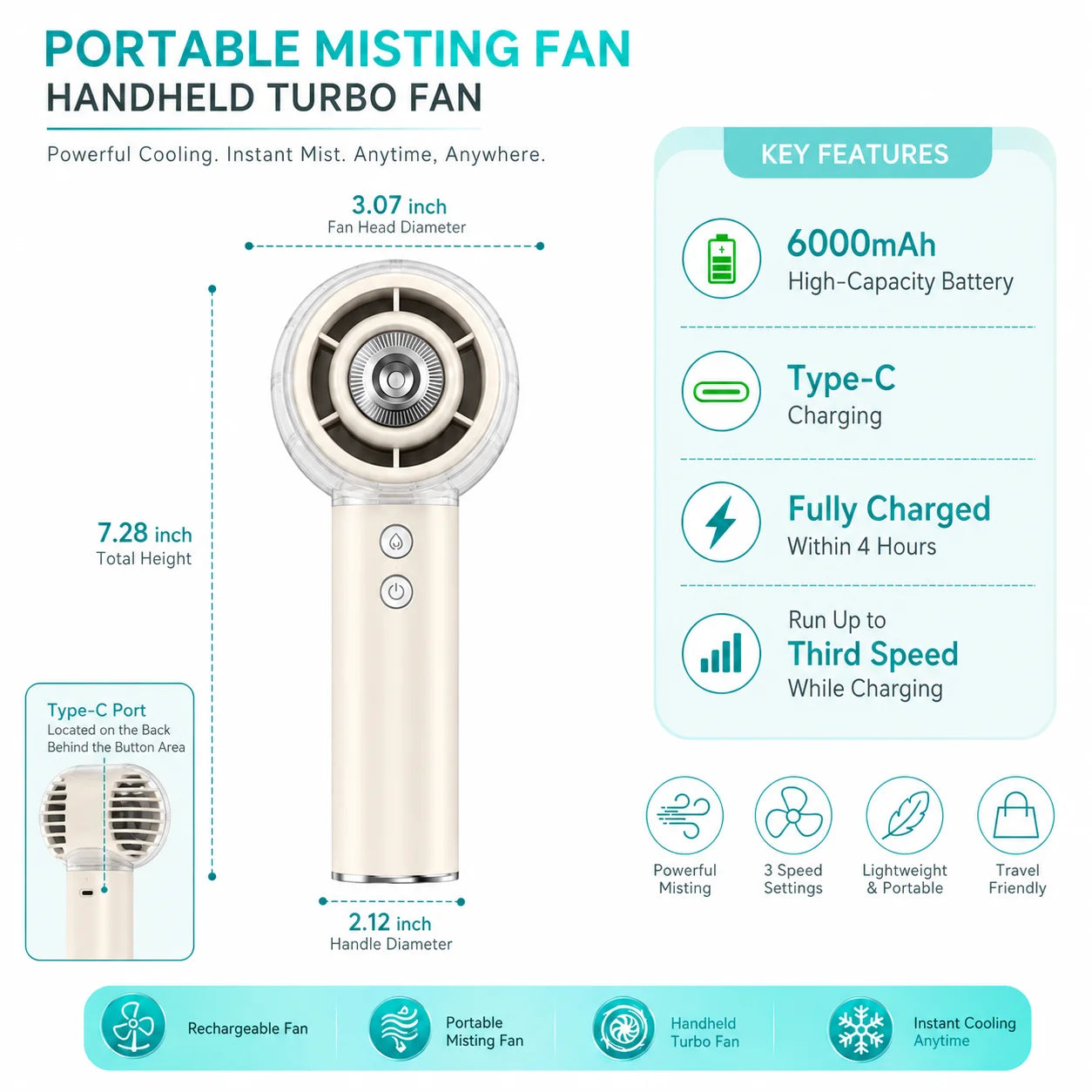 Portable Misting Handheld Fan 6000mAh Rechargeable Battery For Travel by S And B Enterprise