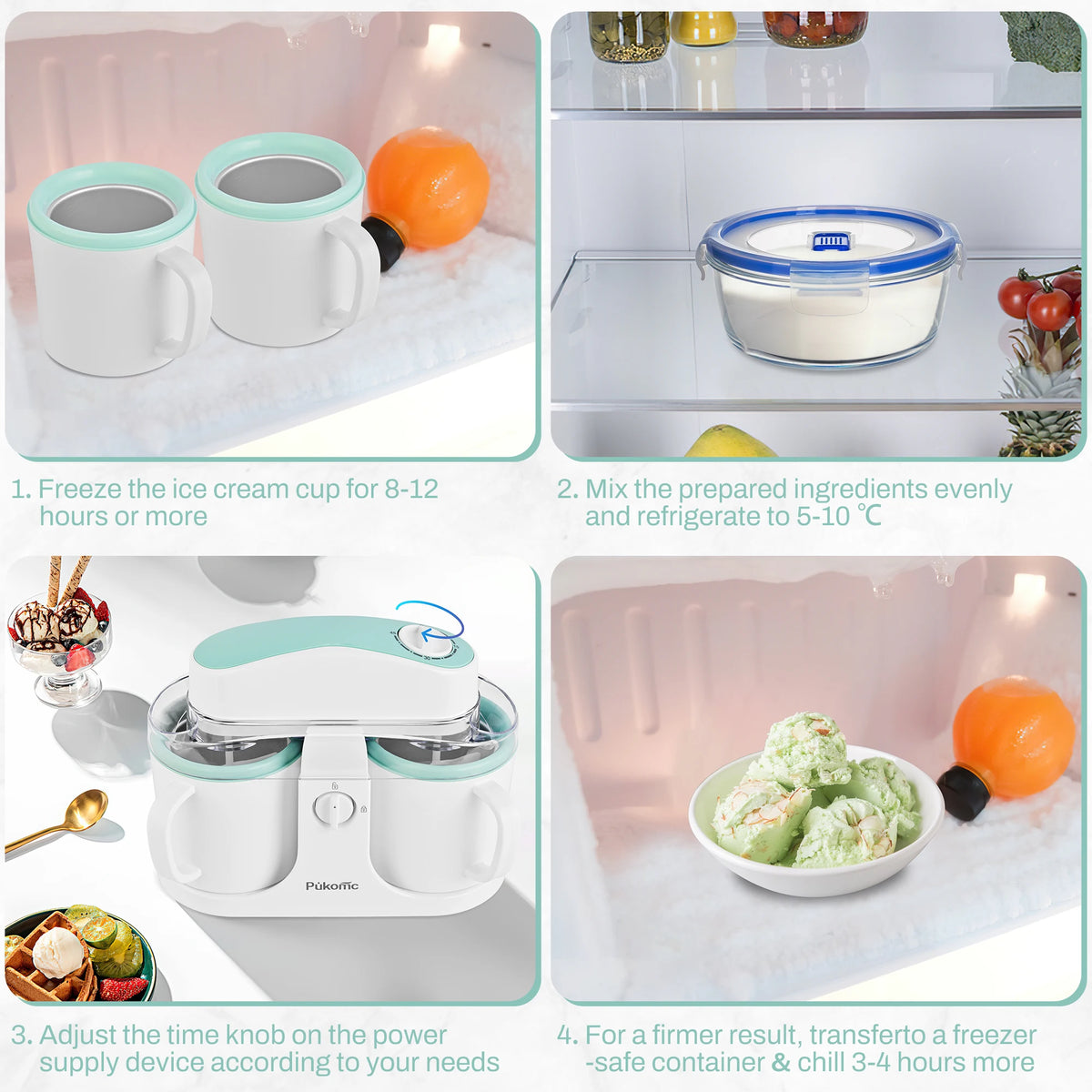 Sumetas dual‑cup ice cream and popsicle maker; white body with mint-green rims and blue lid