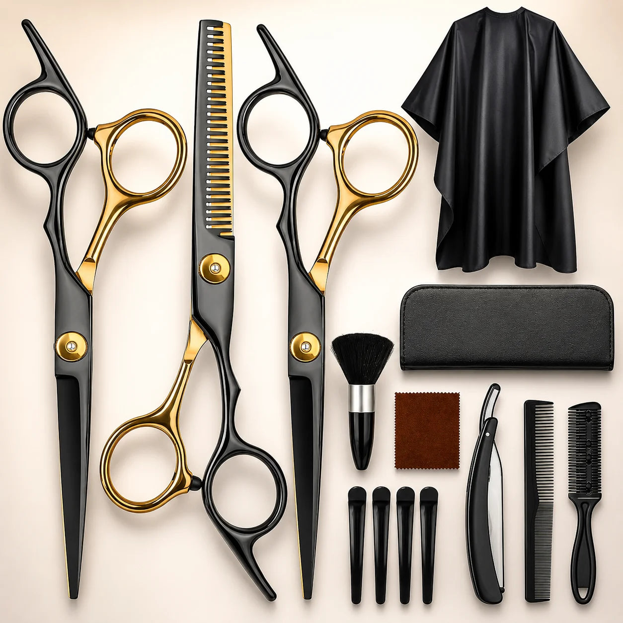 Professional Hair Cutting Scissors Set Black Gold Salon Shears with Thinning Scissors Barber Cape Combs Razor Clips Brush Pouch Kit for Hair Styling and Grooming by S And B Enterprise