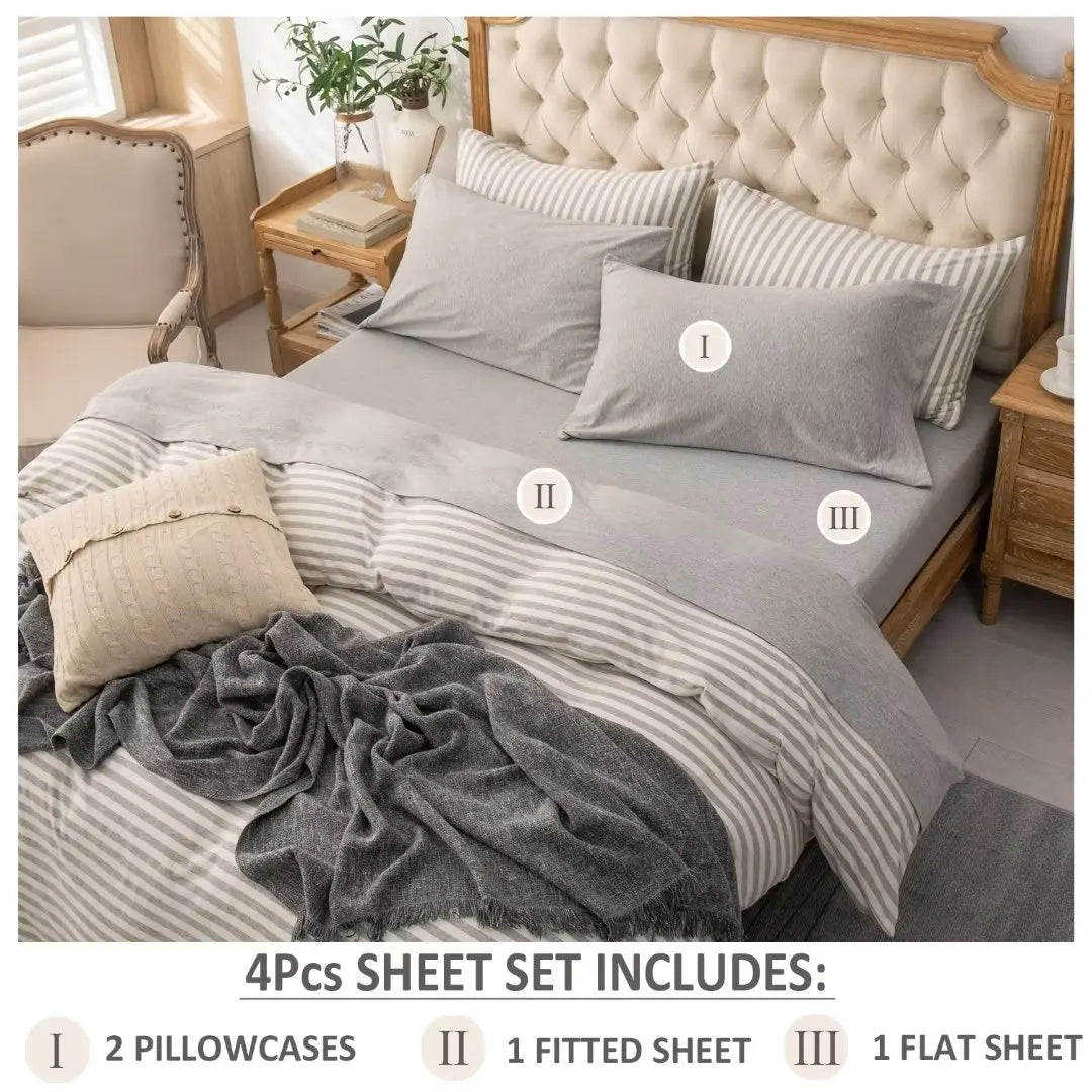 4-Piece 100% Cotton Jersey Knit Sheet Set – Ultra Soft & Breathable Bedding Set with Deep Pocket Fitted Sheet, Flat Sheet & 2 Pillowcases（Without Core） – Wrinkle Free, Machine Washable, Secure Fit & Cozy Comfort for A by S And B Enterprise