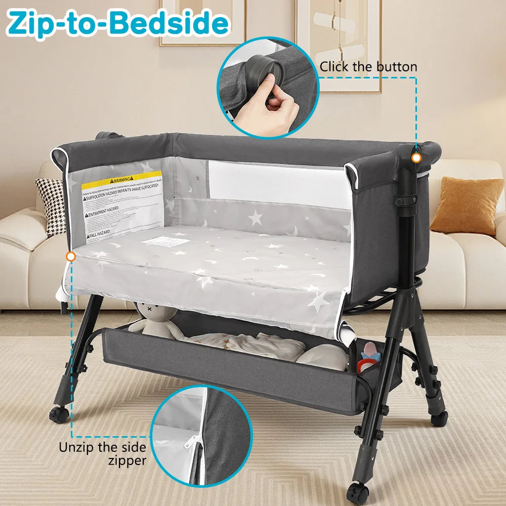 Portable baby bassinet 3-in-1 bedside sleeper by S And B Enterprise; foldable gray frame with star-printed liner