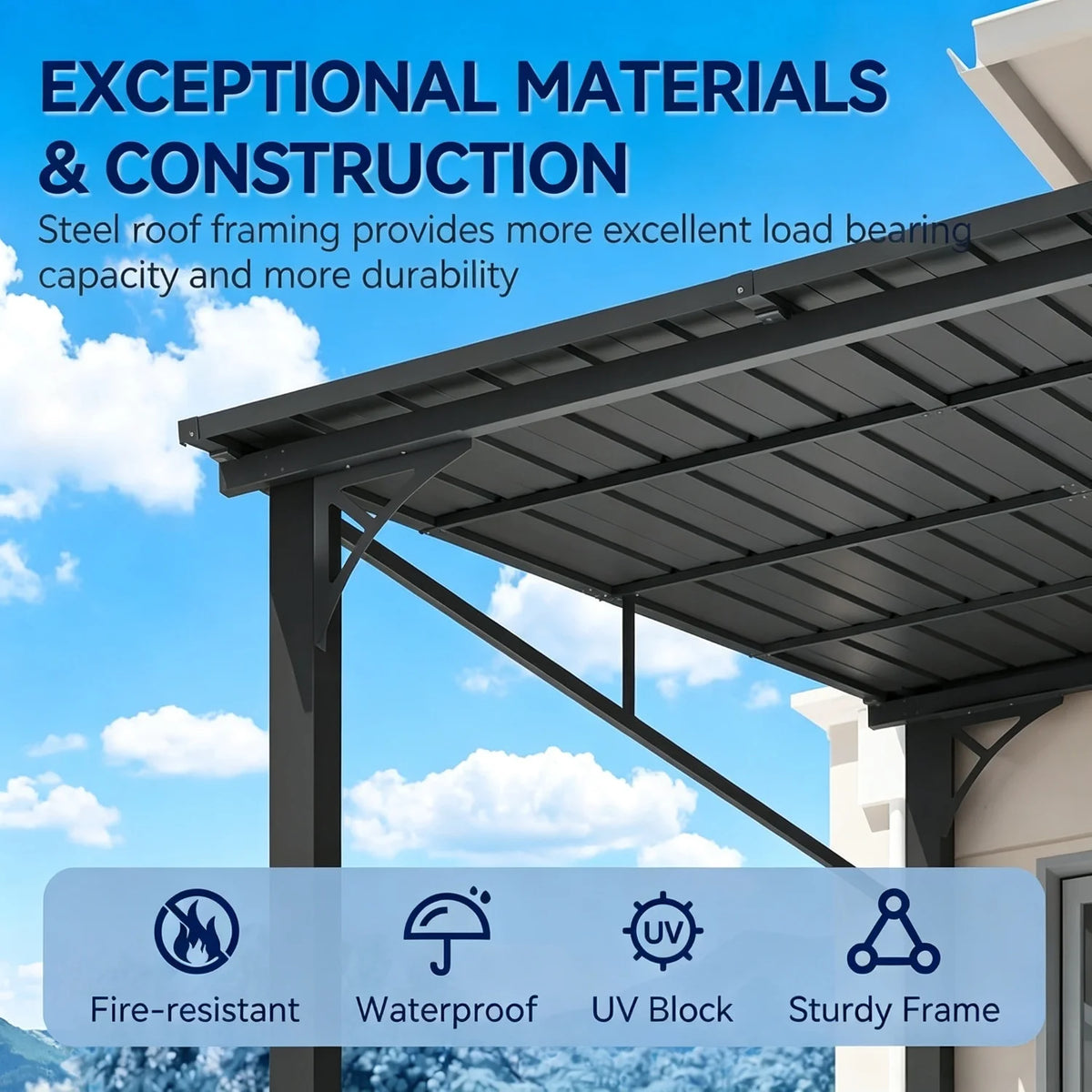 Nordivale 10x14 wall-mounted pergola gazebo by S And B Enterprise with dark galvanized steel roof and sturdy frame