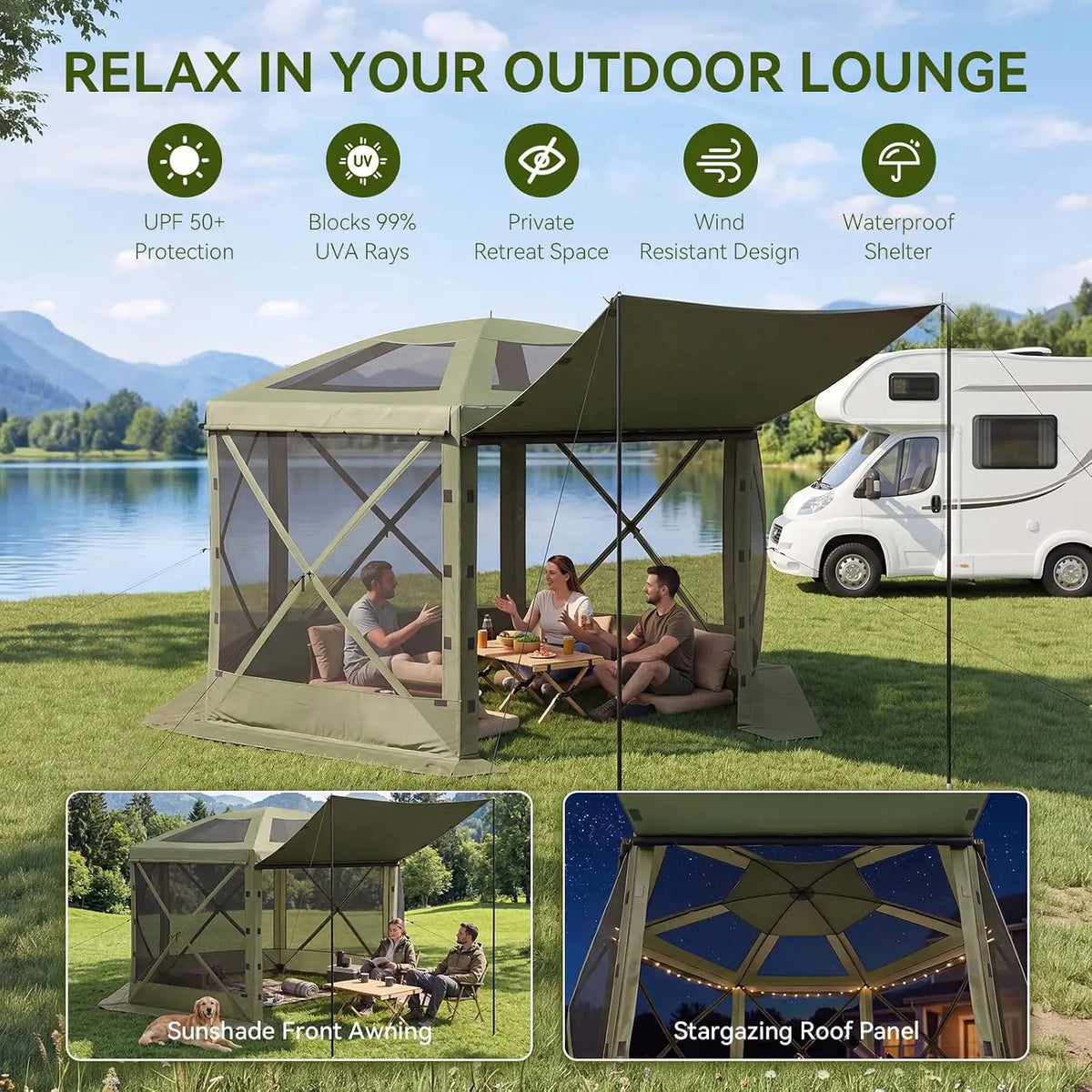 Aoxun 12x12ft pop-up tent with removable top and mesh windows, brown, set up beside a camper van.