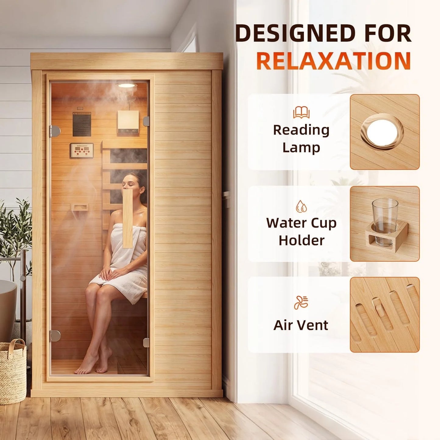 Nordivale 1 Person Wood Infrared Sauna, Canadian Hemlock Traditional Dry Spa Room with Bluetooth & Control Panel, Low EMF Indoor Sauna Cabin (32.67"x27.55"x59.44") by S And B Enterprise