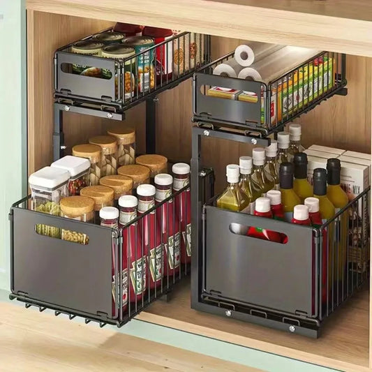 Under-sink organizer by S And B Enterprise; black carbon steel 2-tier pull-out rack.
