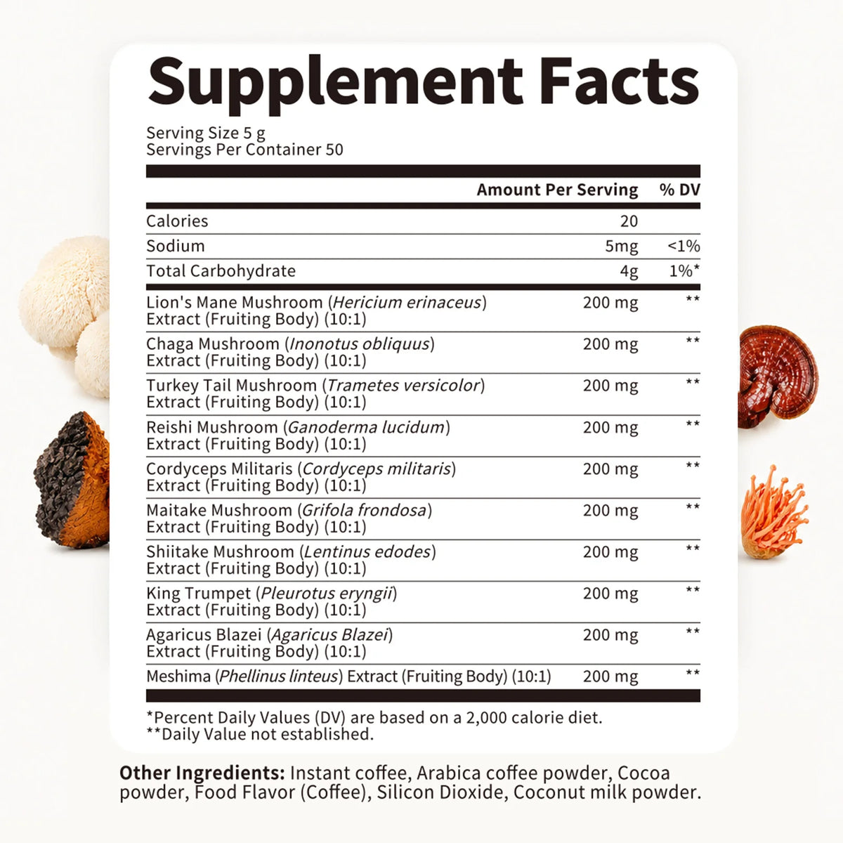 Organic Lion's Mane Mushroom Coffee supplement facts panel surrounded by mushrooms