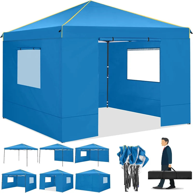 Blue 10x10 ft pop-up canopy tent with sidewalls and mosquito-net windows.