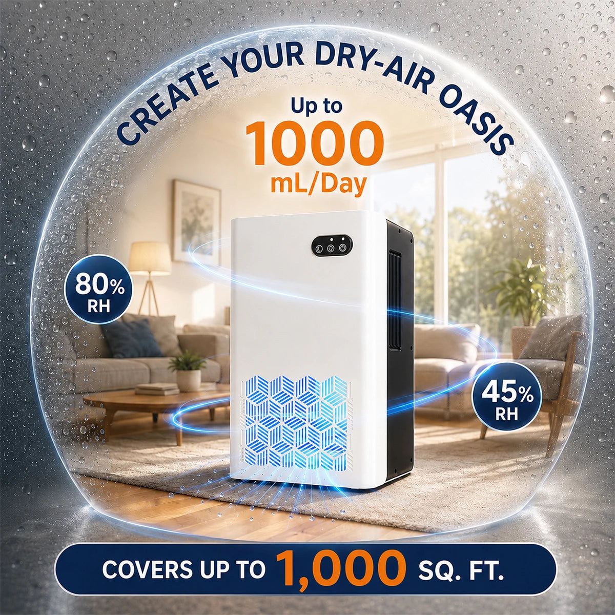 Quiet portable dehumidifier in white with blue vent pattern, covers up to 1,000 sq ft.