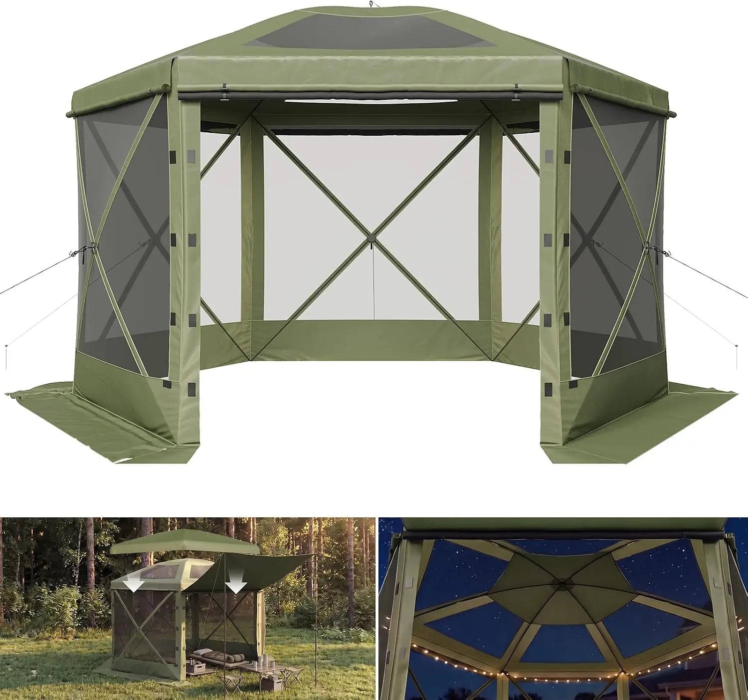 Aoxun 12x12ft pop-up tent by S And B Enterprise with removable top, six-screen pavilion and mesh windows in olive brown.