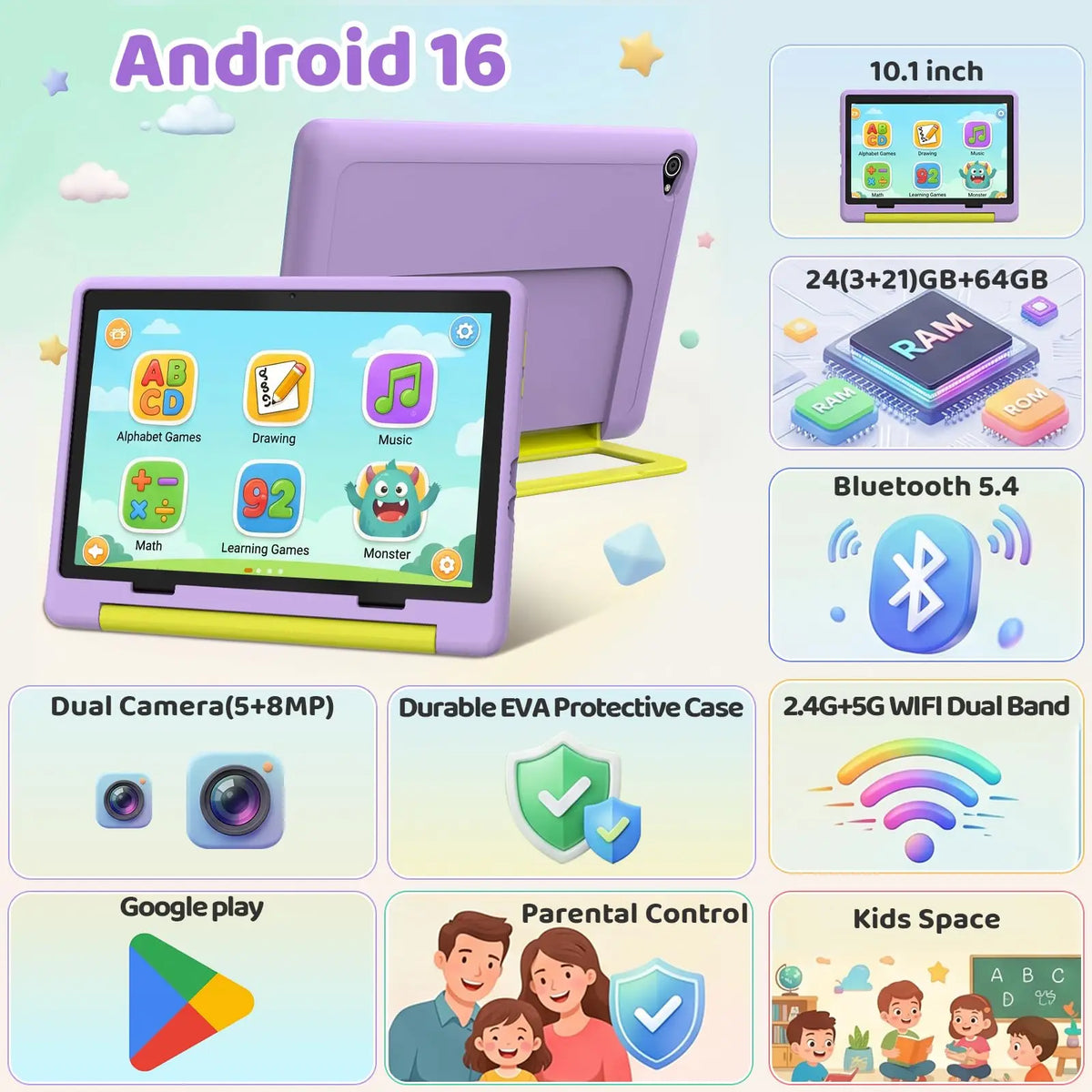 BUFO Kids Tablet 10.1 Inch Five Core Processor 24GB(3+21) RAM 64GB ROM Android 16 IPS HD Display 6000mAh Battery Parental Control Dual Camera TF 1TB Expand WiFi Children Learning Gaming Tablet Only Tablet