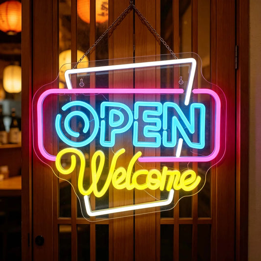 Open Welcome LED Neon Sign Acrylic Backboard Hanging Chain Mounted Indoor Neon Light Business Open Display Sign for Cafe Bar Restaurant Shop Store Window Wall Decoration USB Powered Commercial Decor by S And B Enterprise