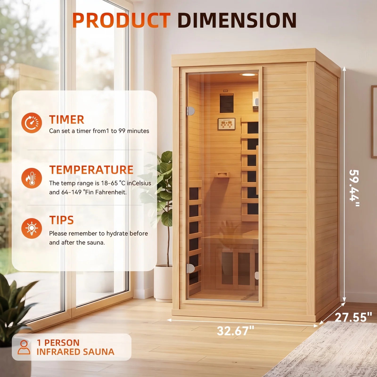 Nordivale 1 Person Wood Infrared Sauna, Canadian Hemlock Traditional Dry Spa Room with Bluetooth & Control Panel, Low EMF Indoor Sauna Cabin (32.67"x27.55"x59.44") by S And B Enterprise