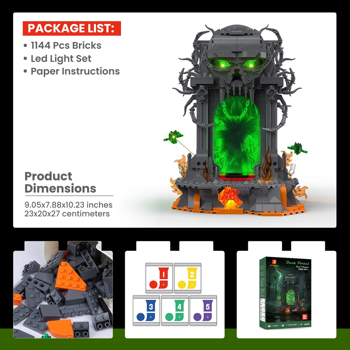 JMBricklayer Dark Portal LED Light-Up Building Blocks Kit, 1144 pieces, gray gate with green glow, S And B Enterprise