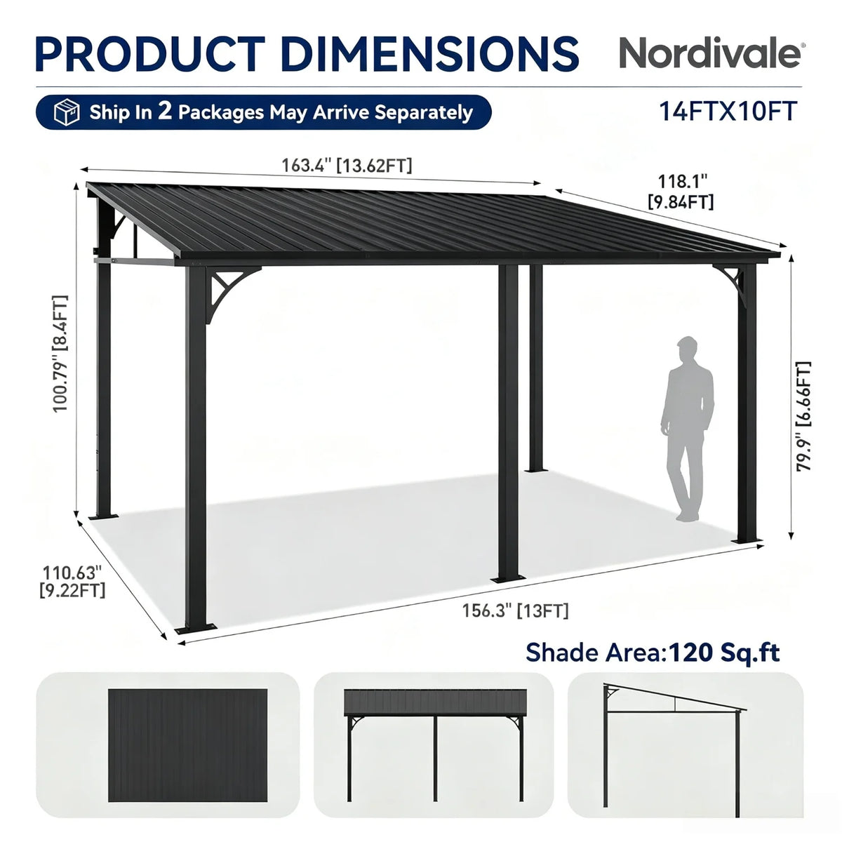 Nordivale 10x14 ft wall-mounted pergola gazebo with dark galvanized steel roof