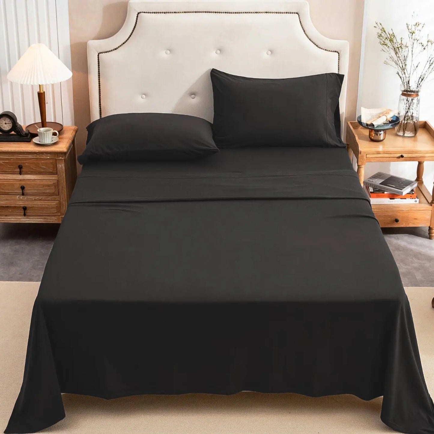 4-Piece 100% Cotton Jersey Knit Sheet Set – Ultra Soft & Breathable Bedding Set with Deep Pocket Fitted Sheet, Flat Sheet & 2 Pillowcases（Without Core） – Wrinkle Free, Machine Washable, Secure Fit & Cozy Comfort for A by S And B Enterprise