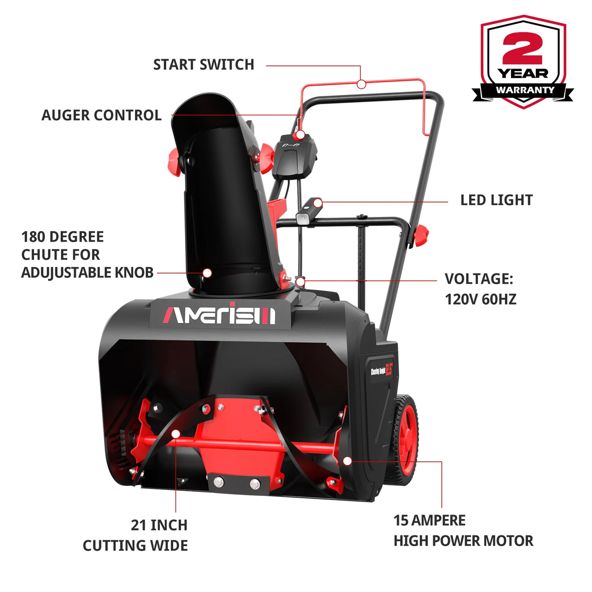 PowerSmart 15A Electric Snow Thrower by S And B Enterprise, 21-inch snow blower with 180° chute and LED light