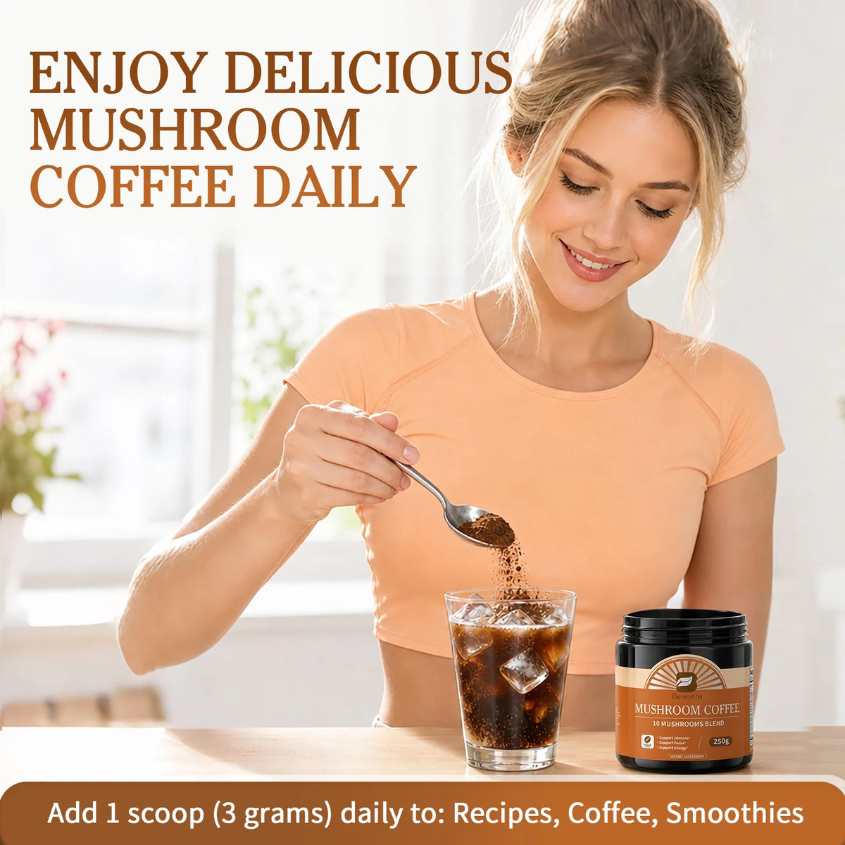 Organic Lion Mane Mushroom Coffee by S And B Enterprise in orange-labeled jar beside a glass of iced coffee