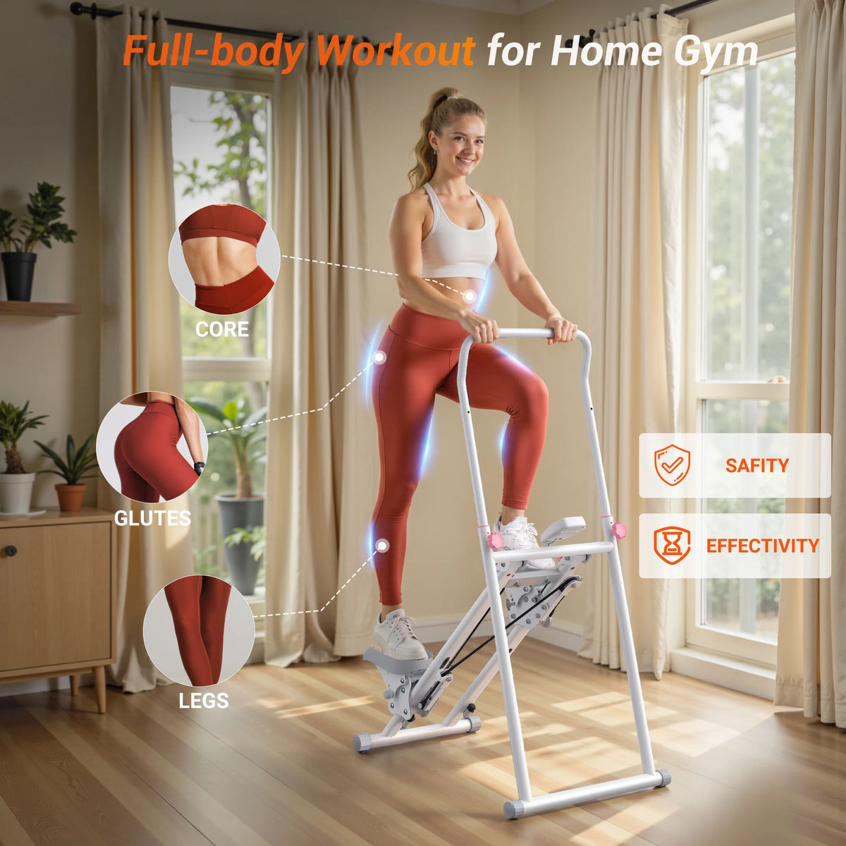 Stair stepper for home gym with white folding frame and adjustable handles; user wearing white top and red leggings.
