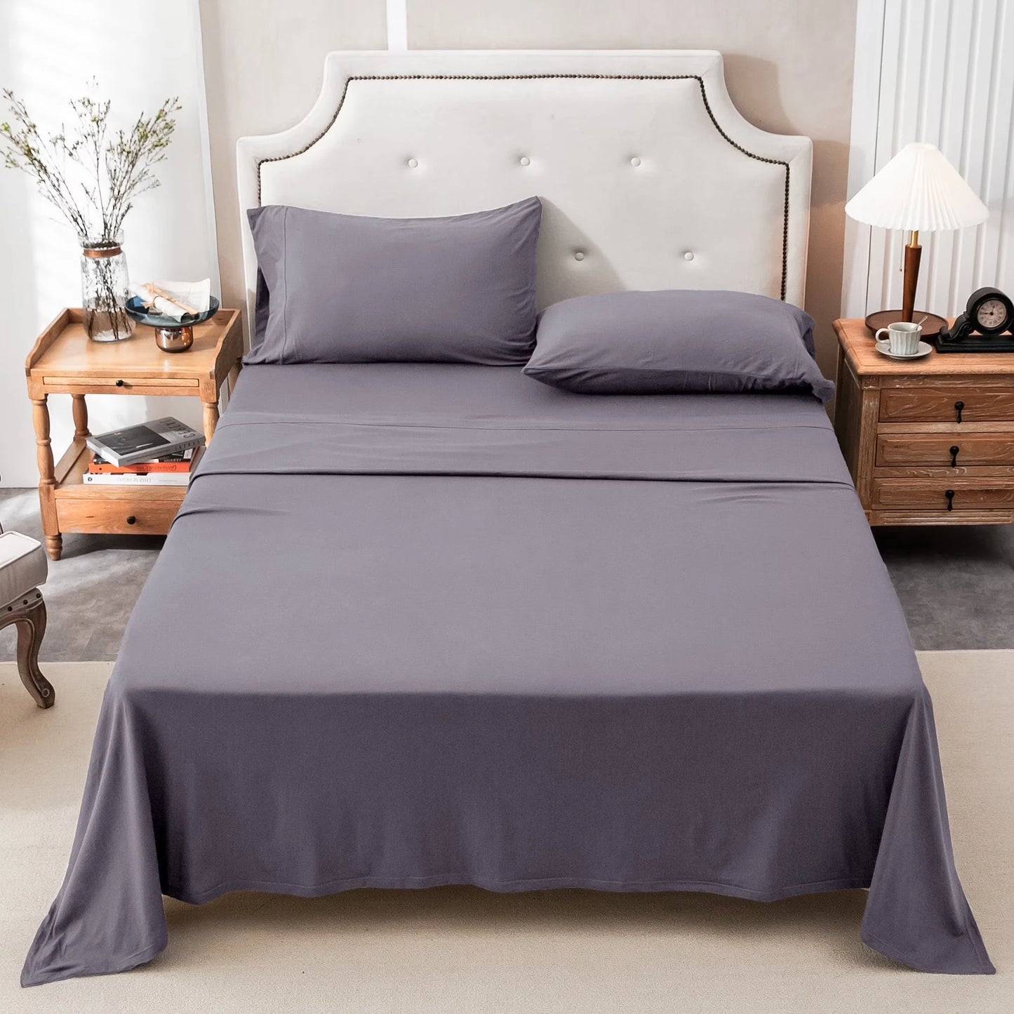 4-Piece 100% Cotton Jersey Knit Sheet Set – Ultra Soft & Breathable Bedding Set with Deep Pocket Fitted Sheet, Flat Sheet & 2 Pillowcases（Without Core） – Wrinkle Free, Machine Washable, Secure Fit & Cozy Comfort for A by S And B Enterprise