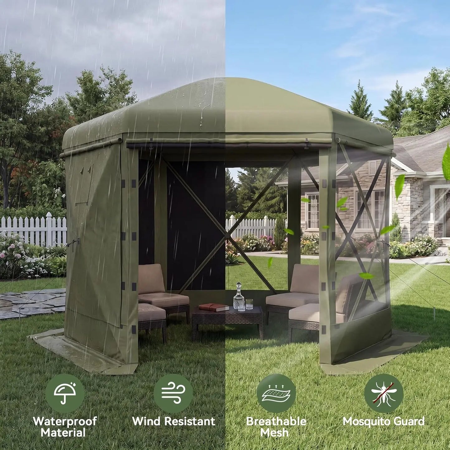 Olive-green 12x12ft pop-up pavilion with removable top and mesh screen walls