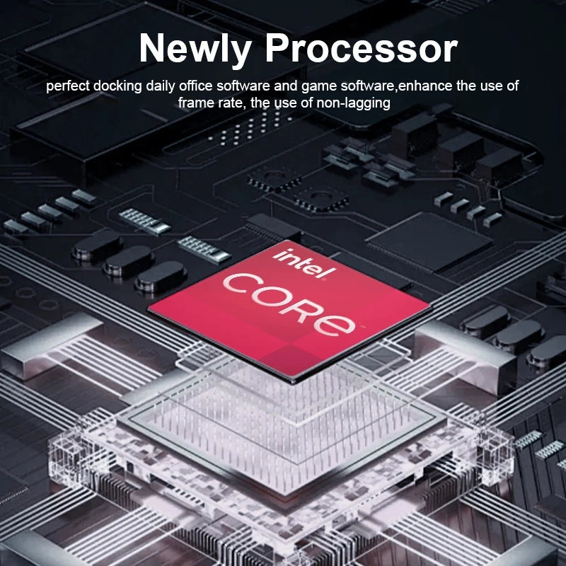 Intel Core processor chip close-up on a motherboard with red chip and circuit-board background.