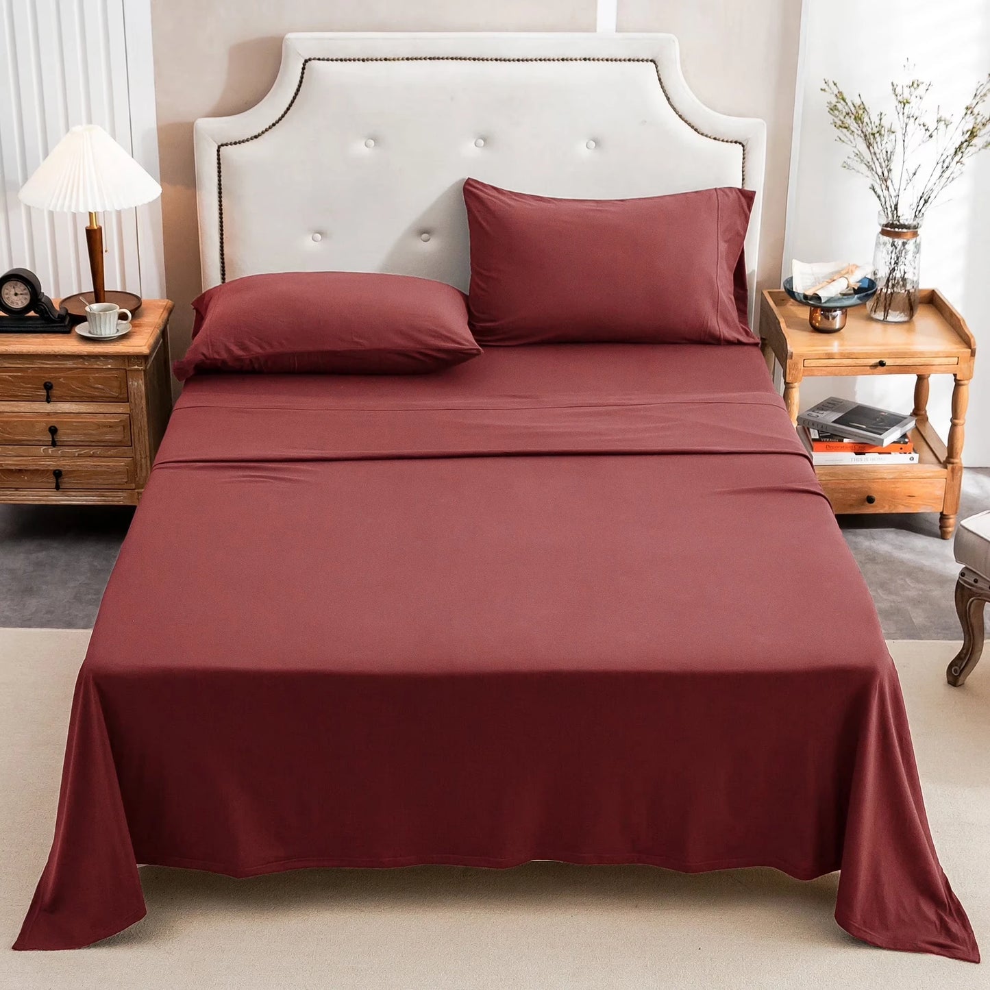 4-Piece 100% Cotton Jersey Knit Sheet Set – Ultra Soft & Breathable Bedding Set with Deep Pocket Fitted Sheet, Flat Sheet & 2 Pillowcases（Without Core） – Wrinkle Free, Machine Washable, Secure Fit & Cozy Comfort for A by S And B Enterprise