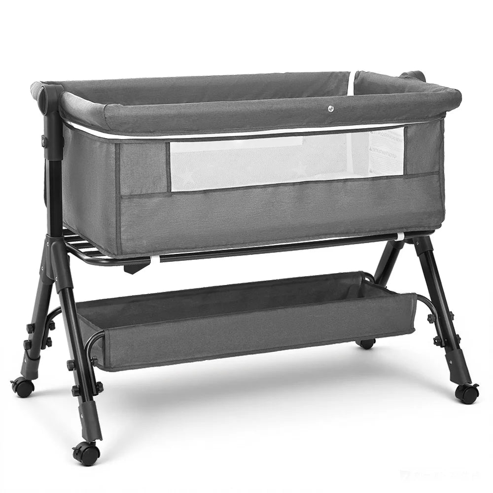 Portable baby bassinet by S And B Enterprise, 3-in-1 foldable gray bedside sleeper with storage.