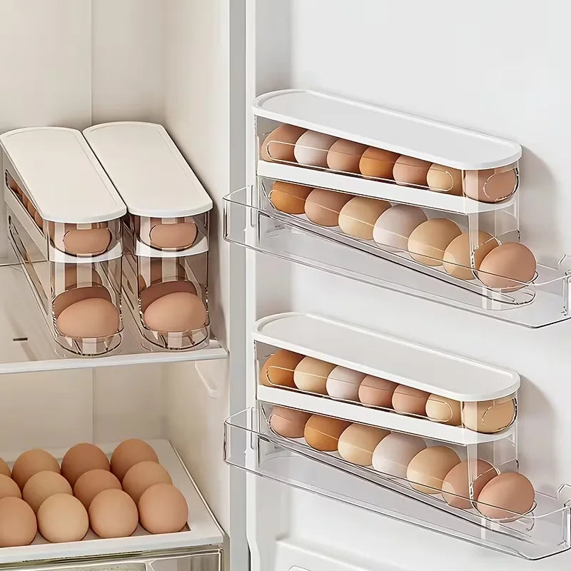 Bilayer Fridge Egg Storage Box Automatic Rolling Eggs Holder Rack Ladder Style Refrigerator Eggs Dispenser Egg Organizer Holder