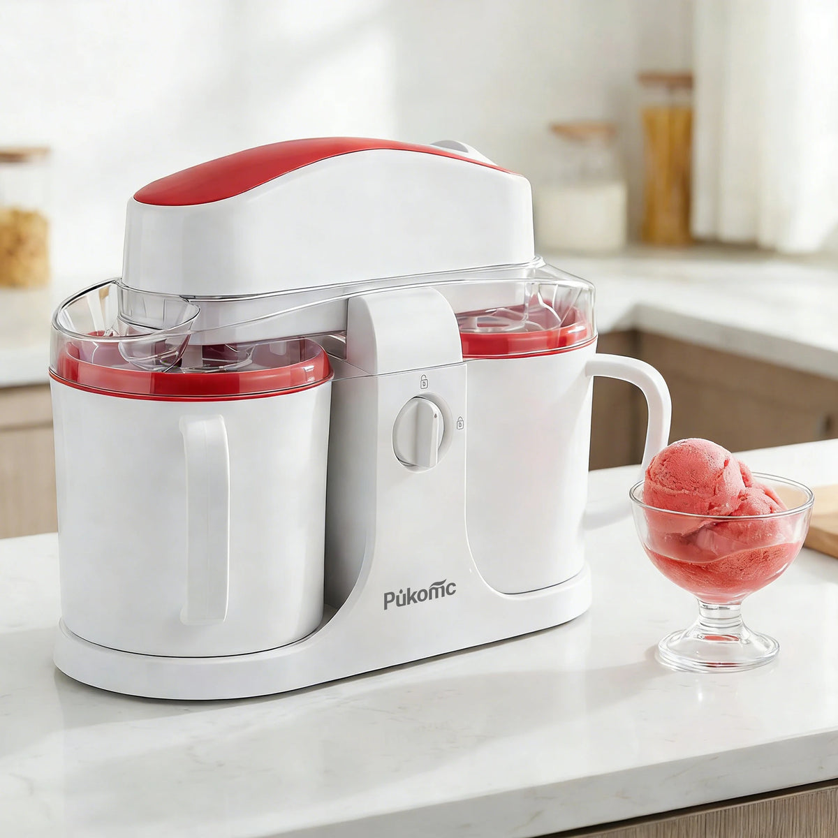 Sumetas ice cream and popsicle maker, white with red accents, dual-cup design, Pukonic