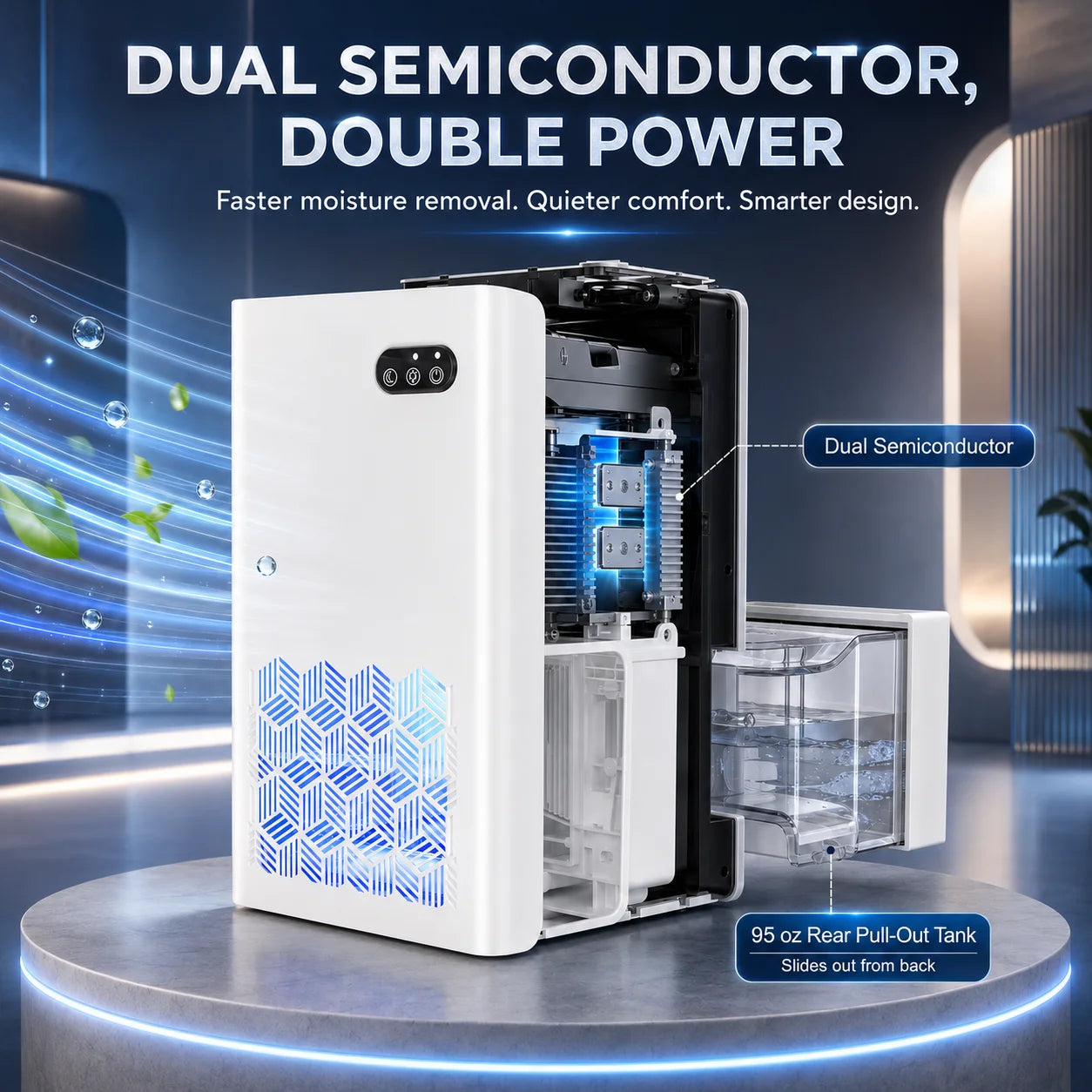 Quiet portable dehumidifier in white with blue vent lattice, dual semiconductor tech, 95 oz rear pull-out tank