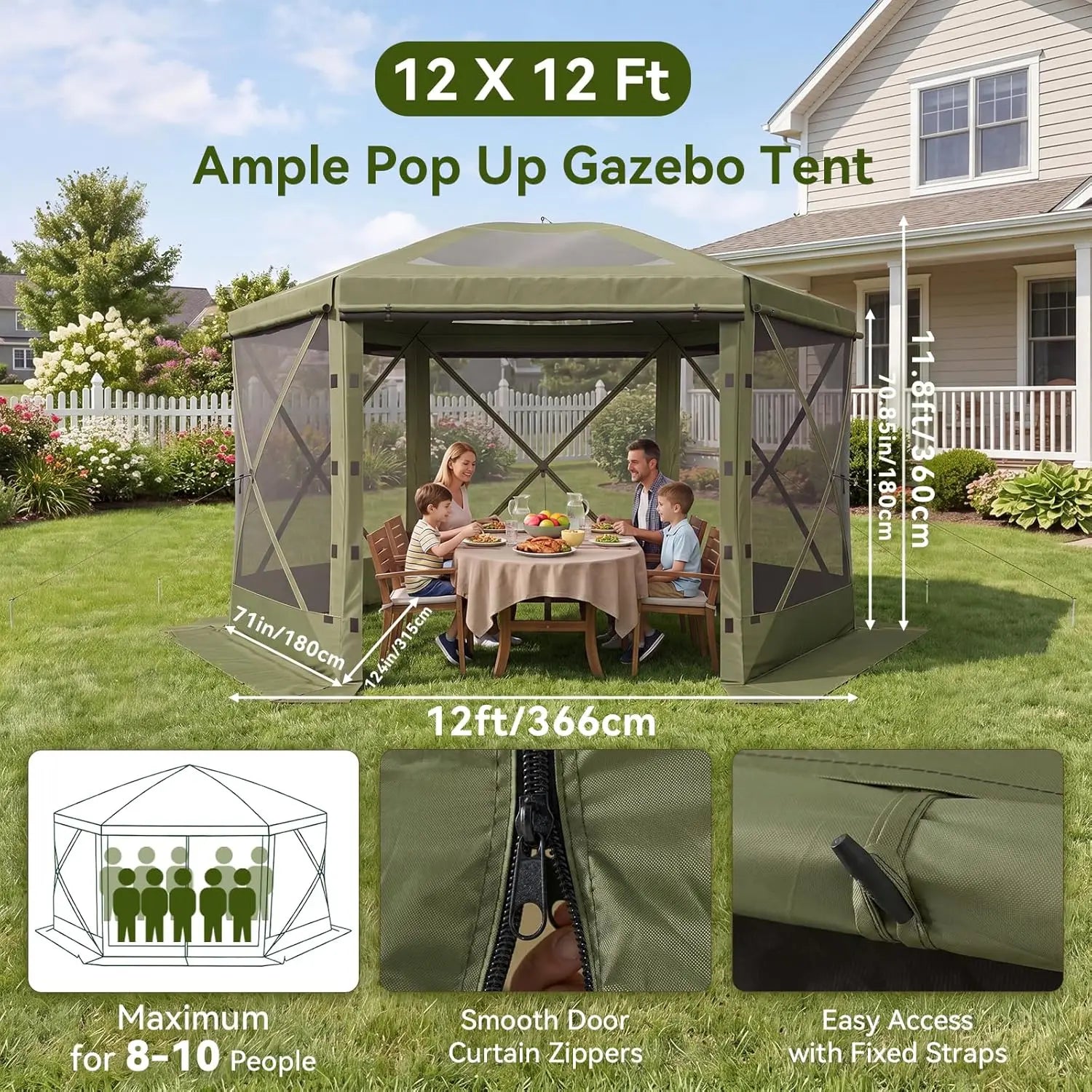 12x12 ft pop-up gazebo tent with removable top and mesh windows, olive-green outdoor pavilion for 8–10 people
