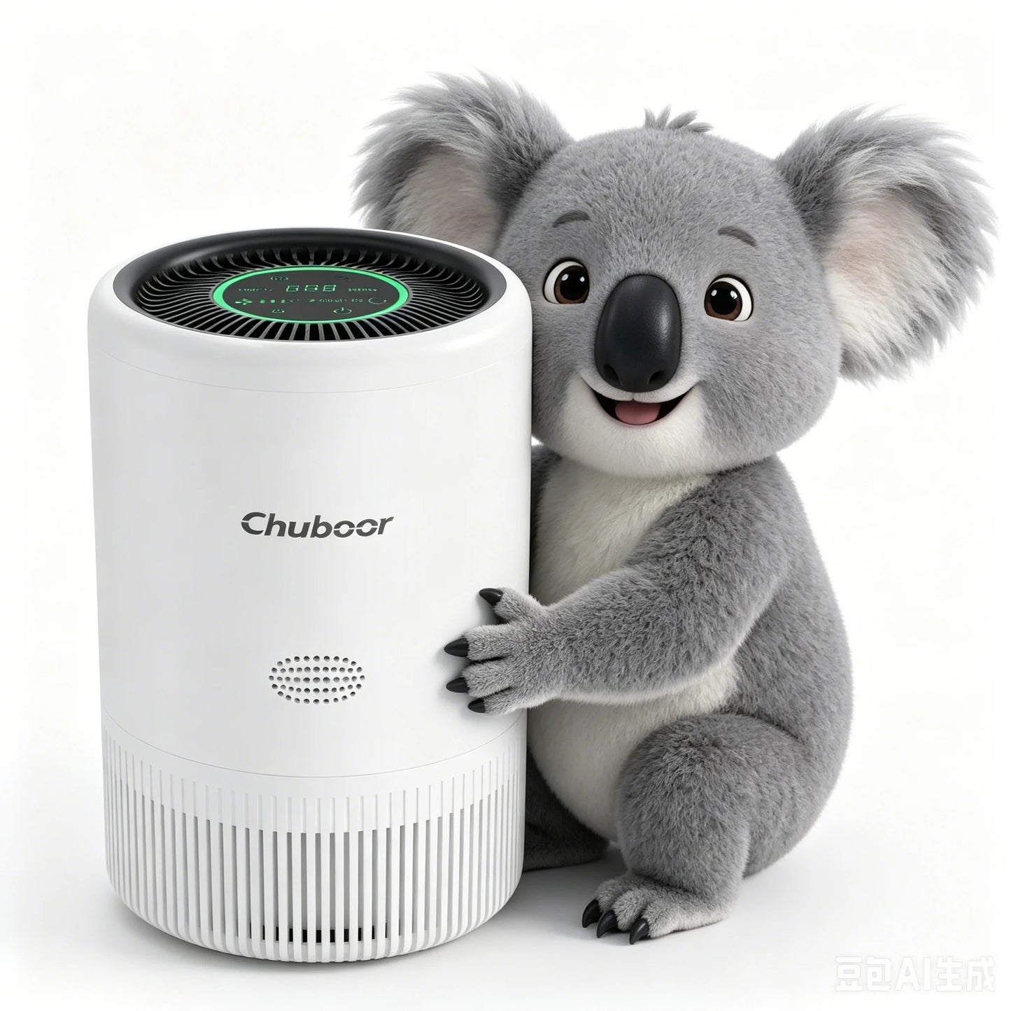 Chuboor air purifier with H13 HEPA filtration, white cylindrical cleaner and green digital display.