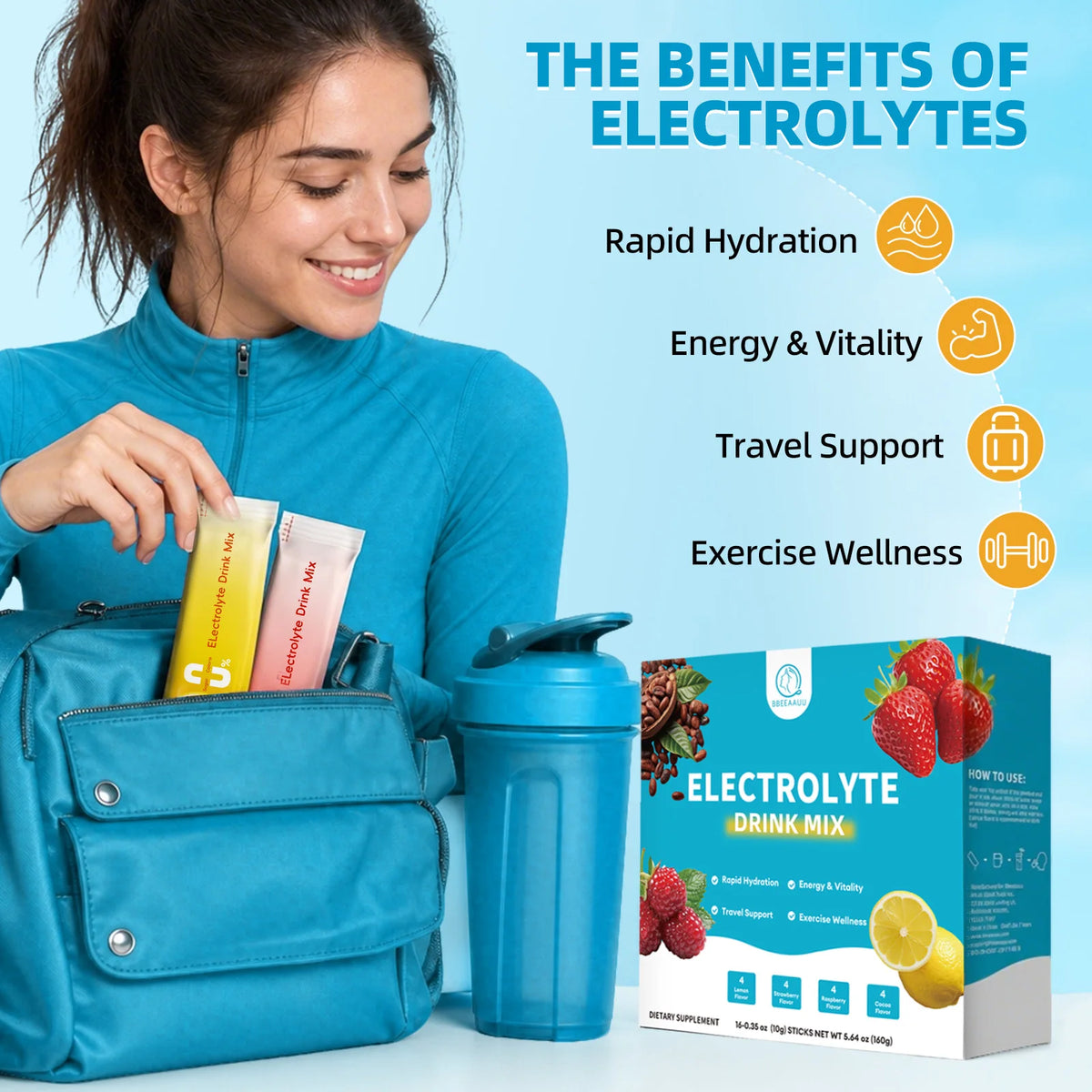 BBEEAAUU Electrolyte Drink Mix sachets with blue shaker and tote bag; 4 flavors, 0 sugar, rapid hydration