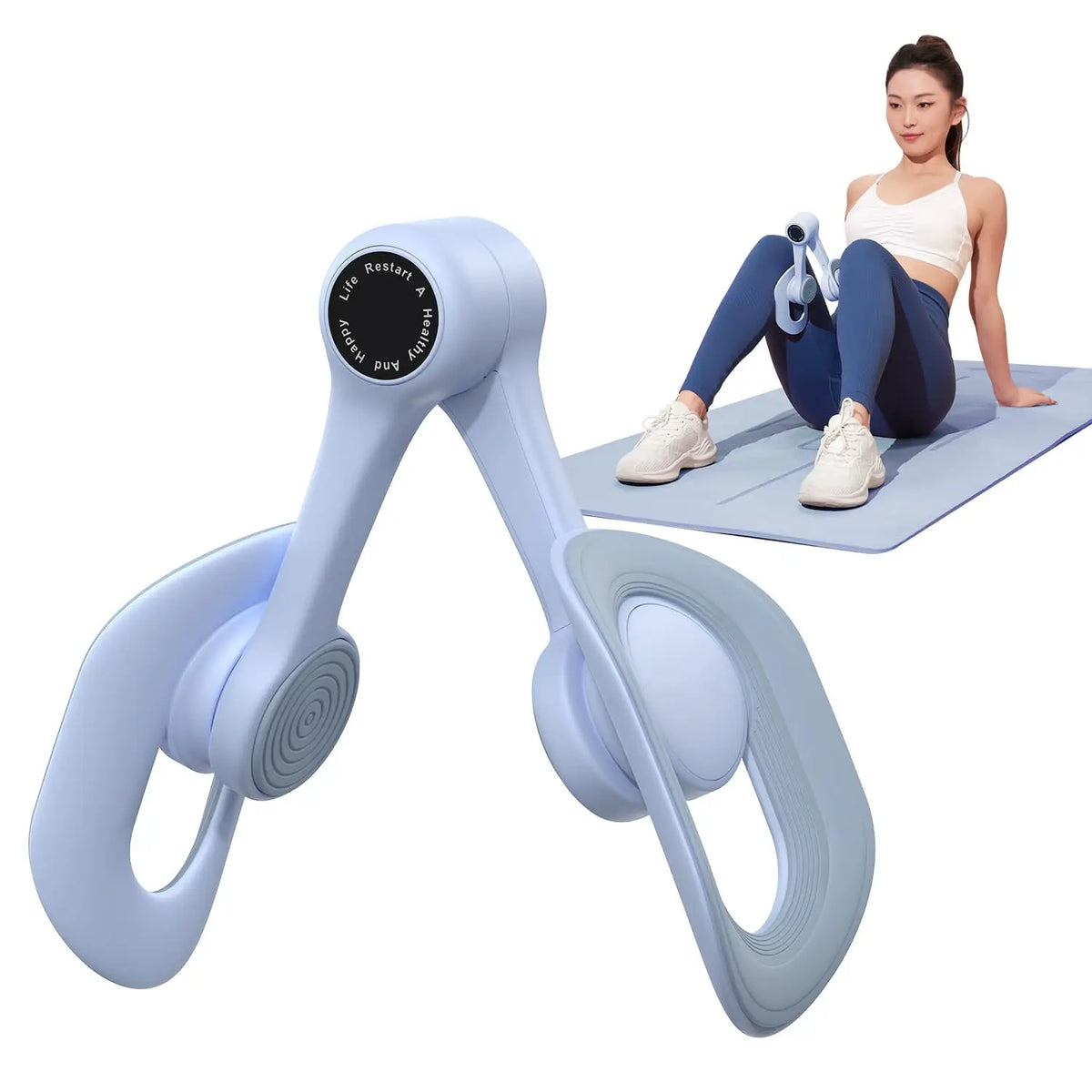 MERACH Thigh Trainer device in light blue; woman using it for pelvic floor and inner thigh workouts on a mat.