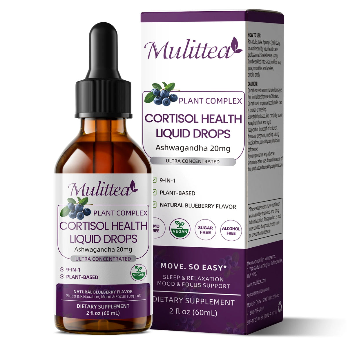 Mulittea Plant Complex Cortisol Health Liquid Drops bottle and box, Ashwagandha 20mg, vegan blueberry flavor