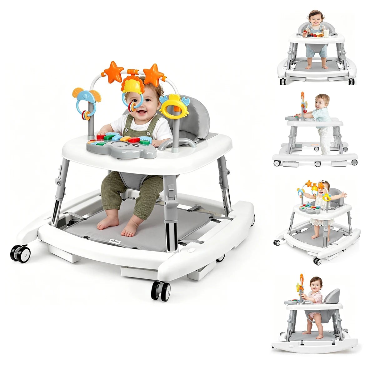 5-in-1 baby walker and activity center, white/gray, adjustable height with music toys
