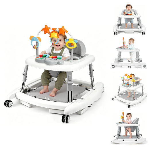 S And B Enterprise 5-in-1 Baby Walker with foldable activity center, adjustable height, white/gray