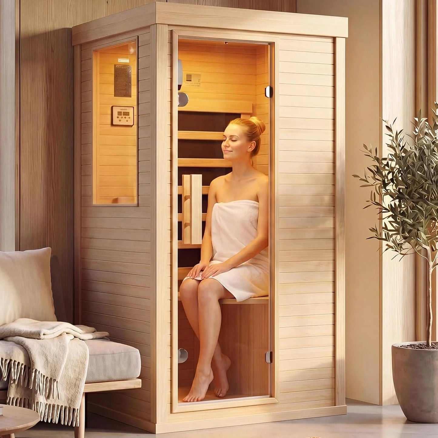 Nordivale 1 Person Wood Infrared Sauna, Canadian Hemlock Traditional Dry Spa Room with Bluetooth & Control Panel, Low EMF Indoor Sauna Cabin (32.67"x27.55"x59.44") by S And B Enterprise